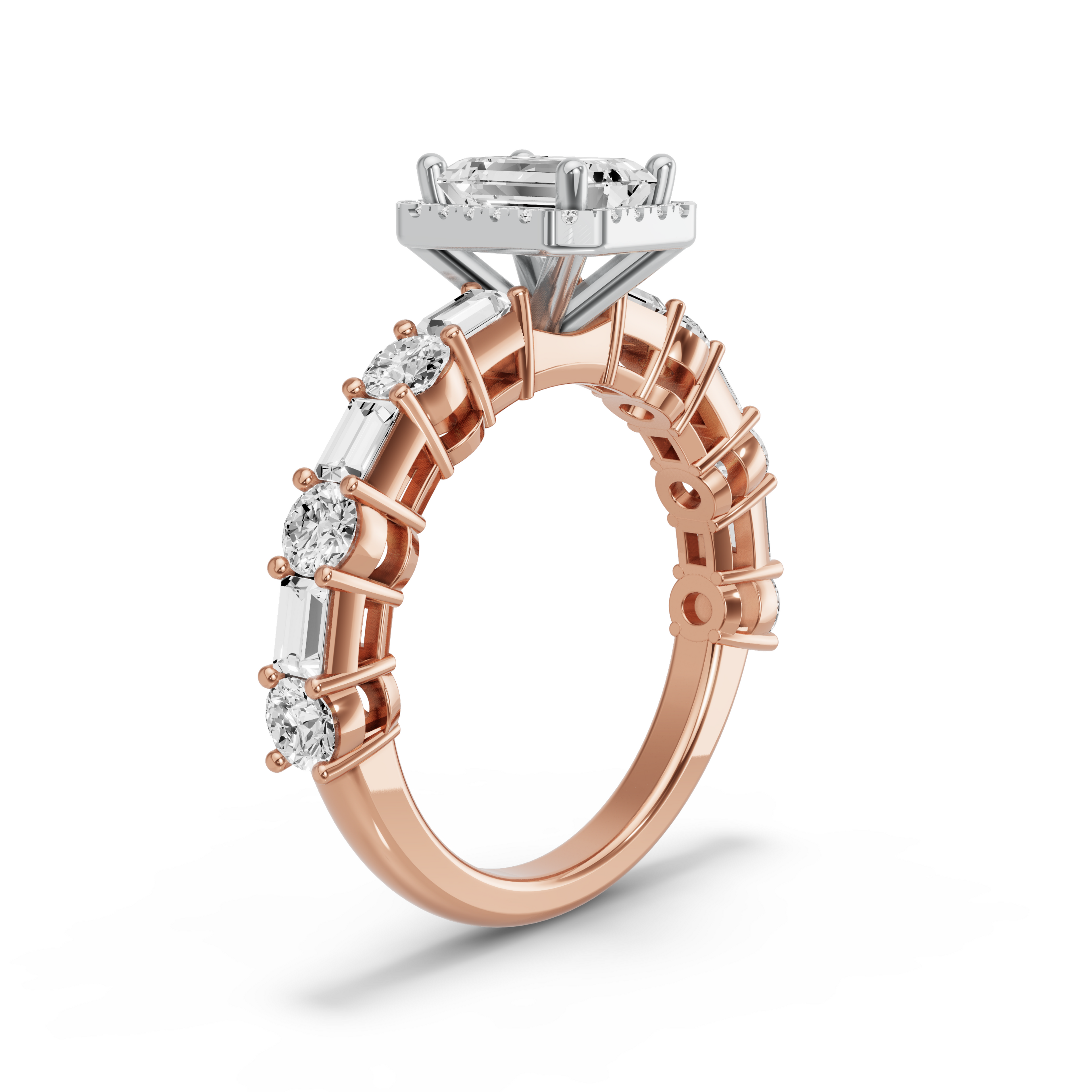 Image for Emerald Pave Halo Ring with Alternating Baguette band in 18K Two Tone Rose Gold
