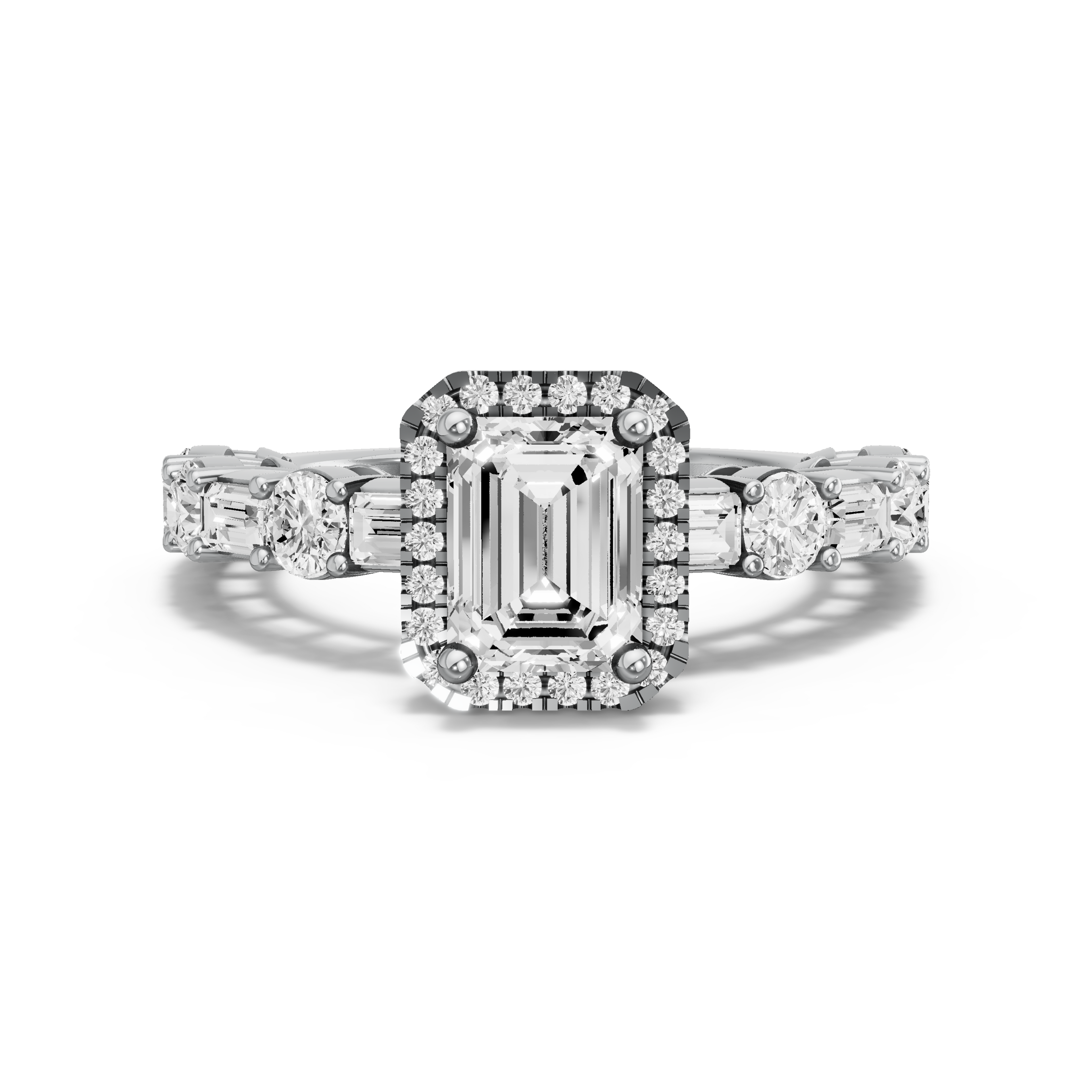 Image for Emerald Pave Halo Ring with Alternating Baguette band in 18K White Gold