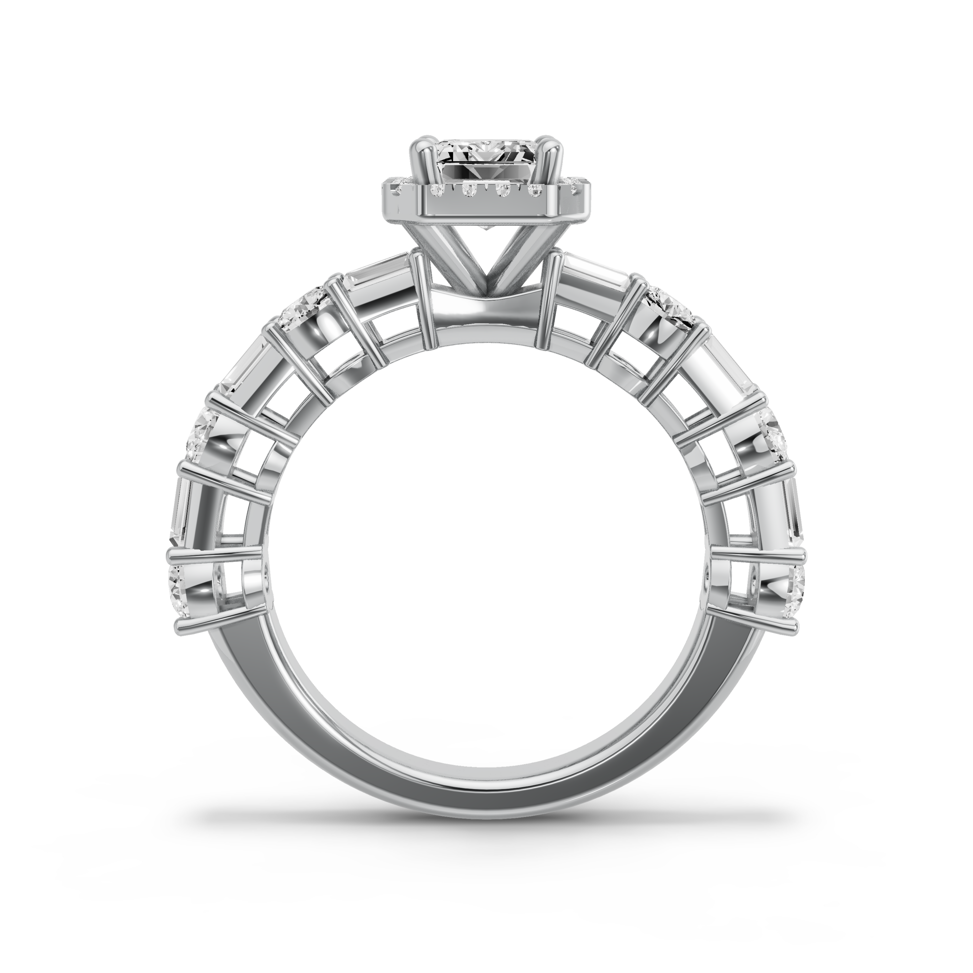 Image for Emerald Pave Halo Ring with Alternating Baguette band in 950 Platinum