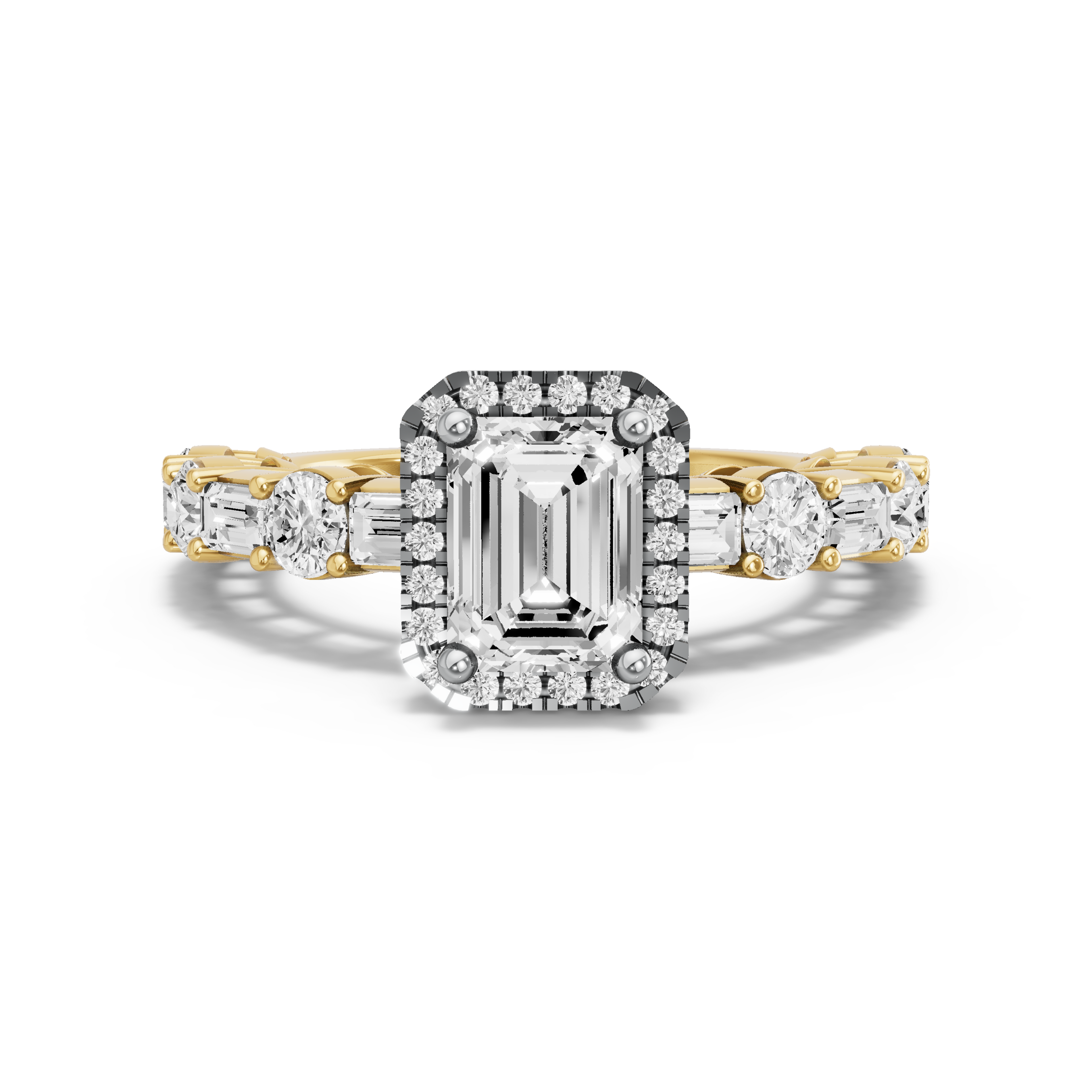 Image for Emerald Pave Halo Ring with Alternating Baguette band in 18K Two Tone Yellow Gold