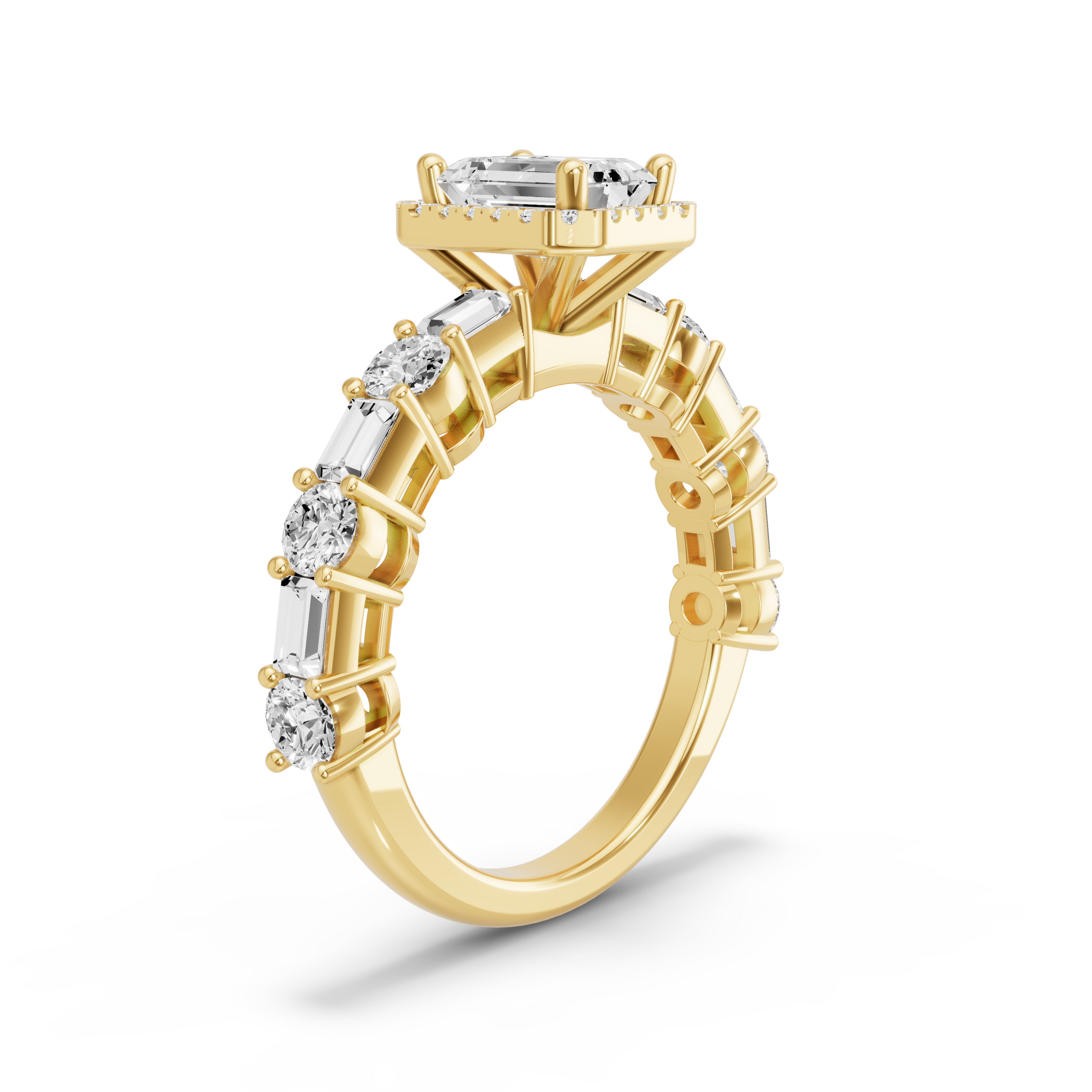 Image for Emerald Pave Halo Ring with Alternating Baguette band in 18K Yellow Gold