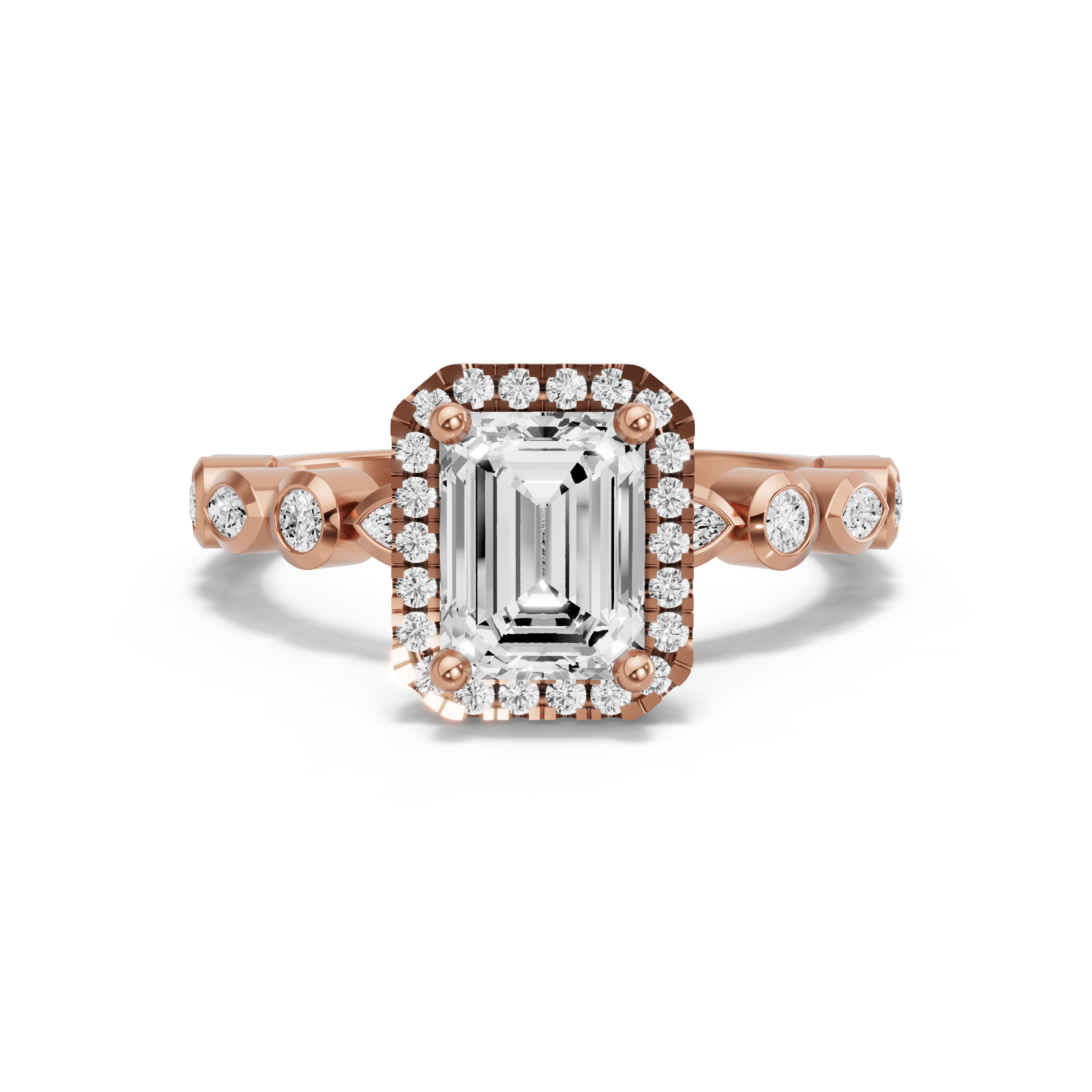 Image for Emerald Pave Halo Ring with Alternating Marquise band in 10K Rose Gold