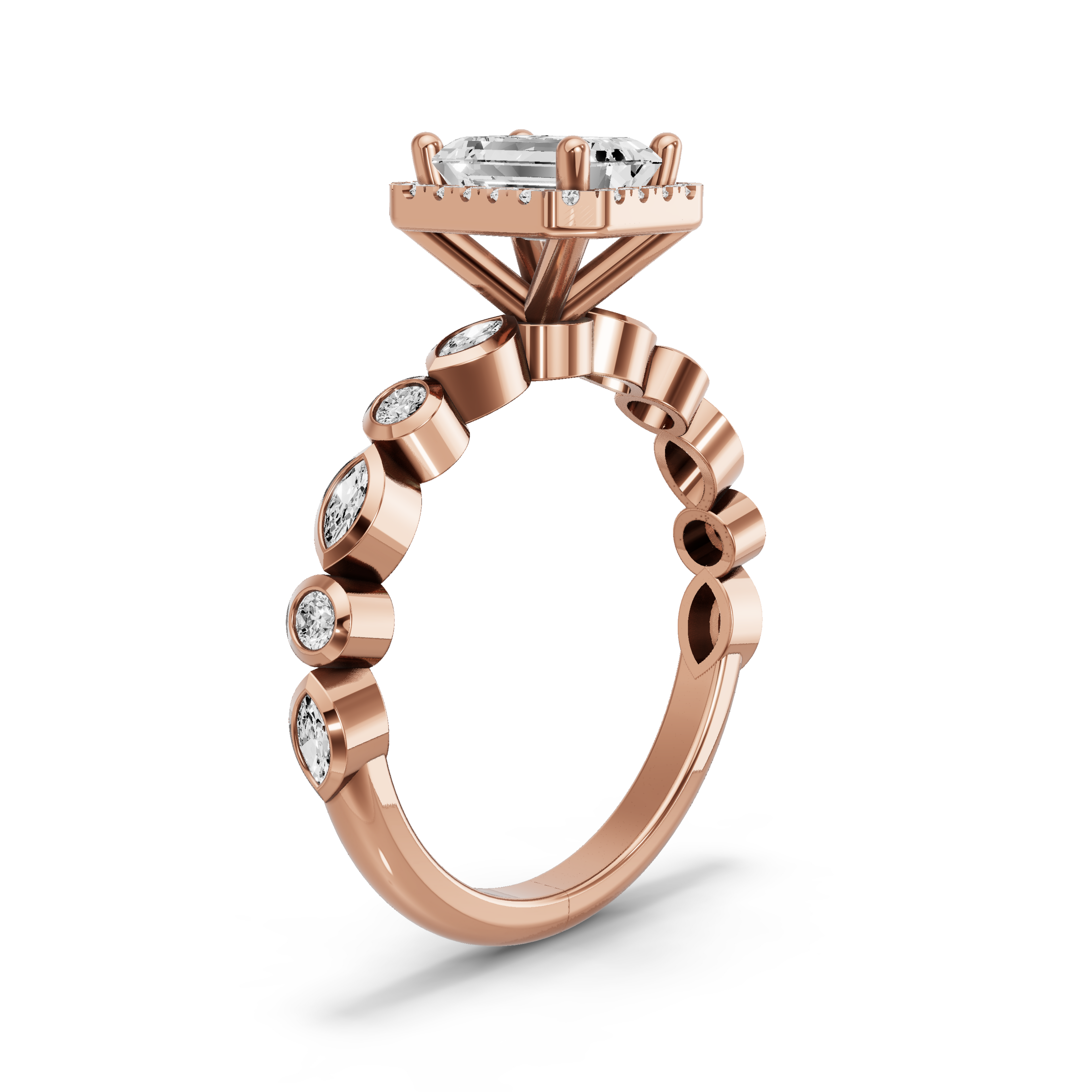 Image for Emerald Pave Halo Ring with Alternating Marquise band in 14K Rose Gold
