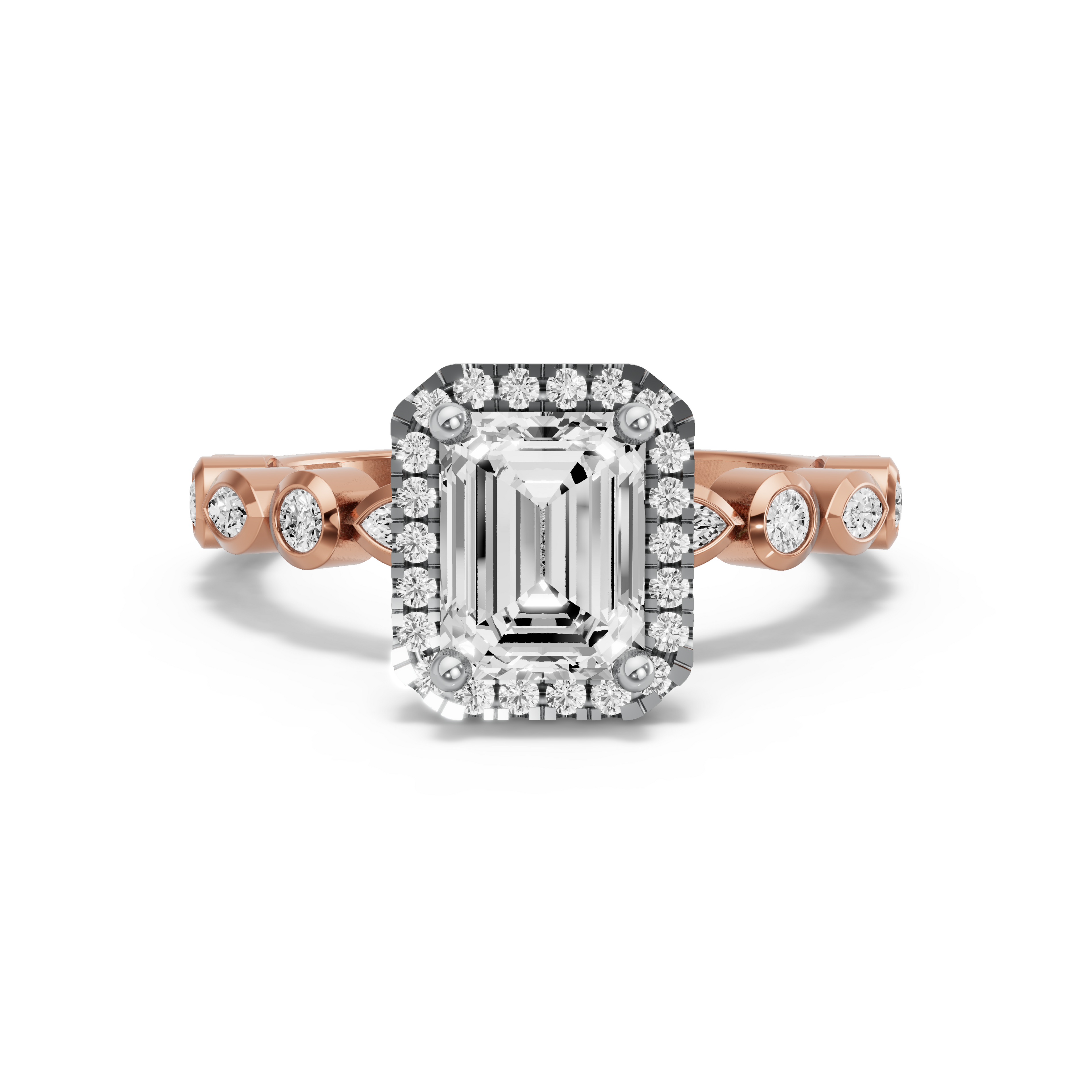 Image for Emerald Pave Halo Ring with Alternating Marquise band in 10K Two Tone Rose Gold
