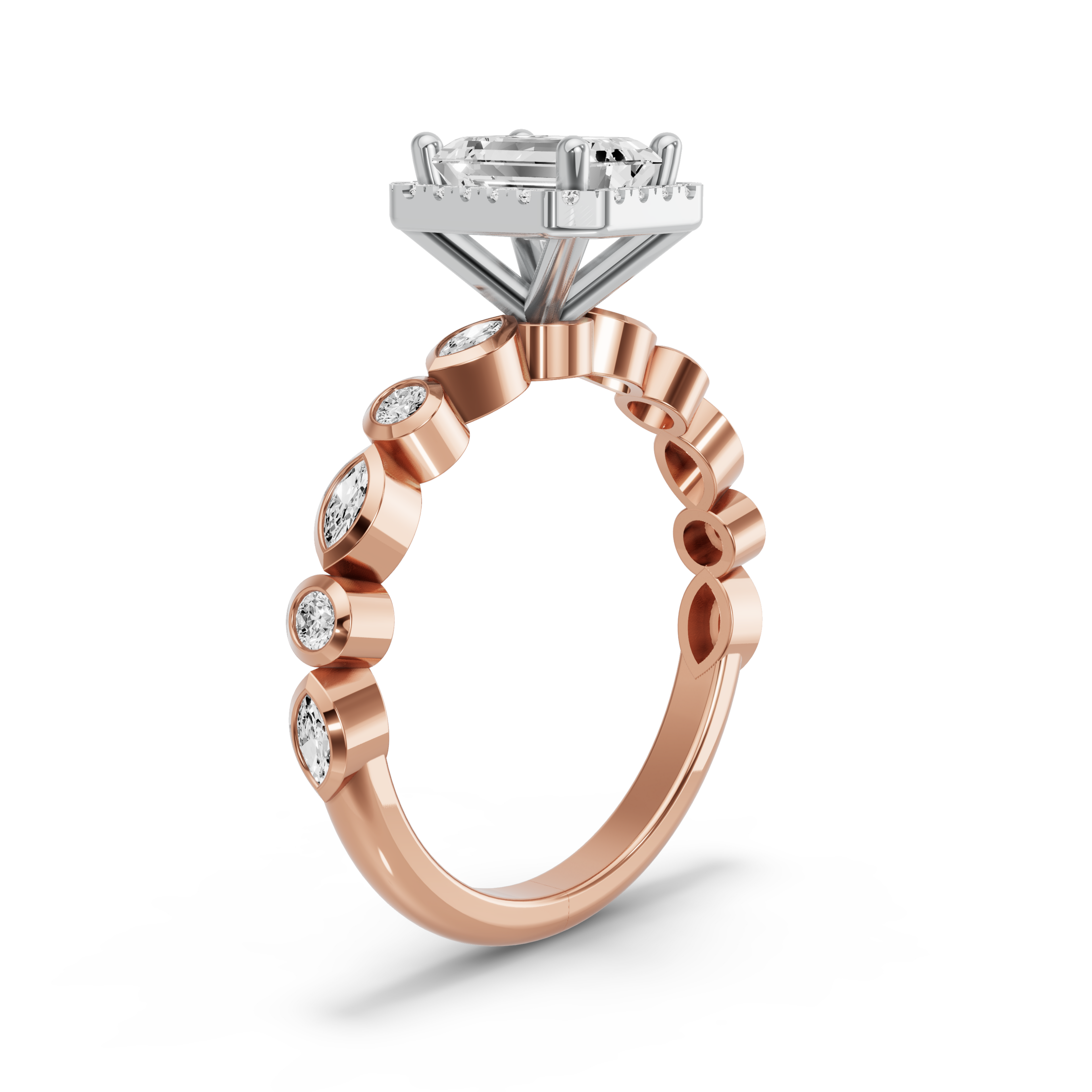 Image for Emerald Pave Halo Ring with Alternating Marquise band in 10K Two Tone Rose Gold