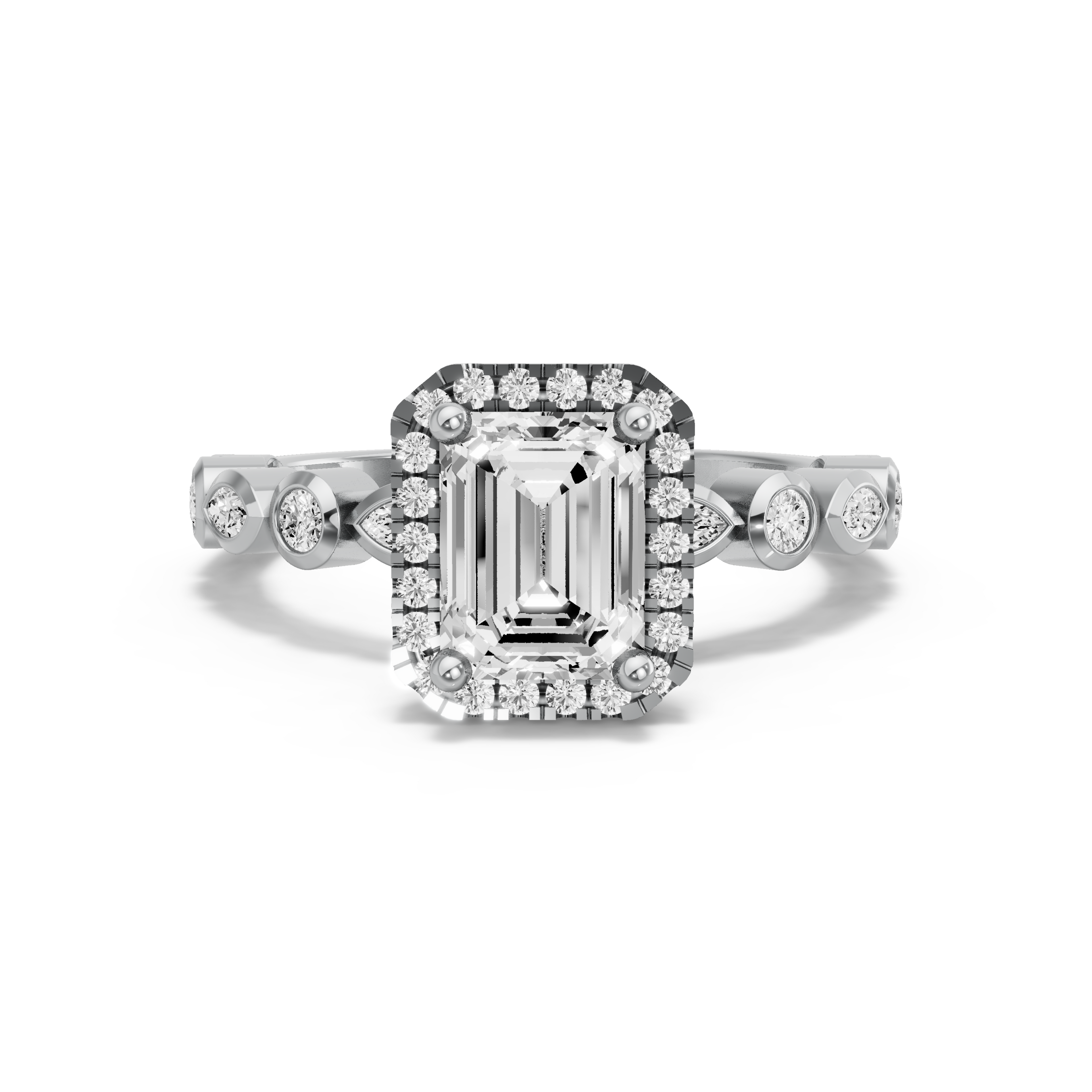 Image for Emerald Pave Halo Ring with Alternating Marquise band in 18K White Gold