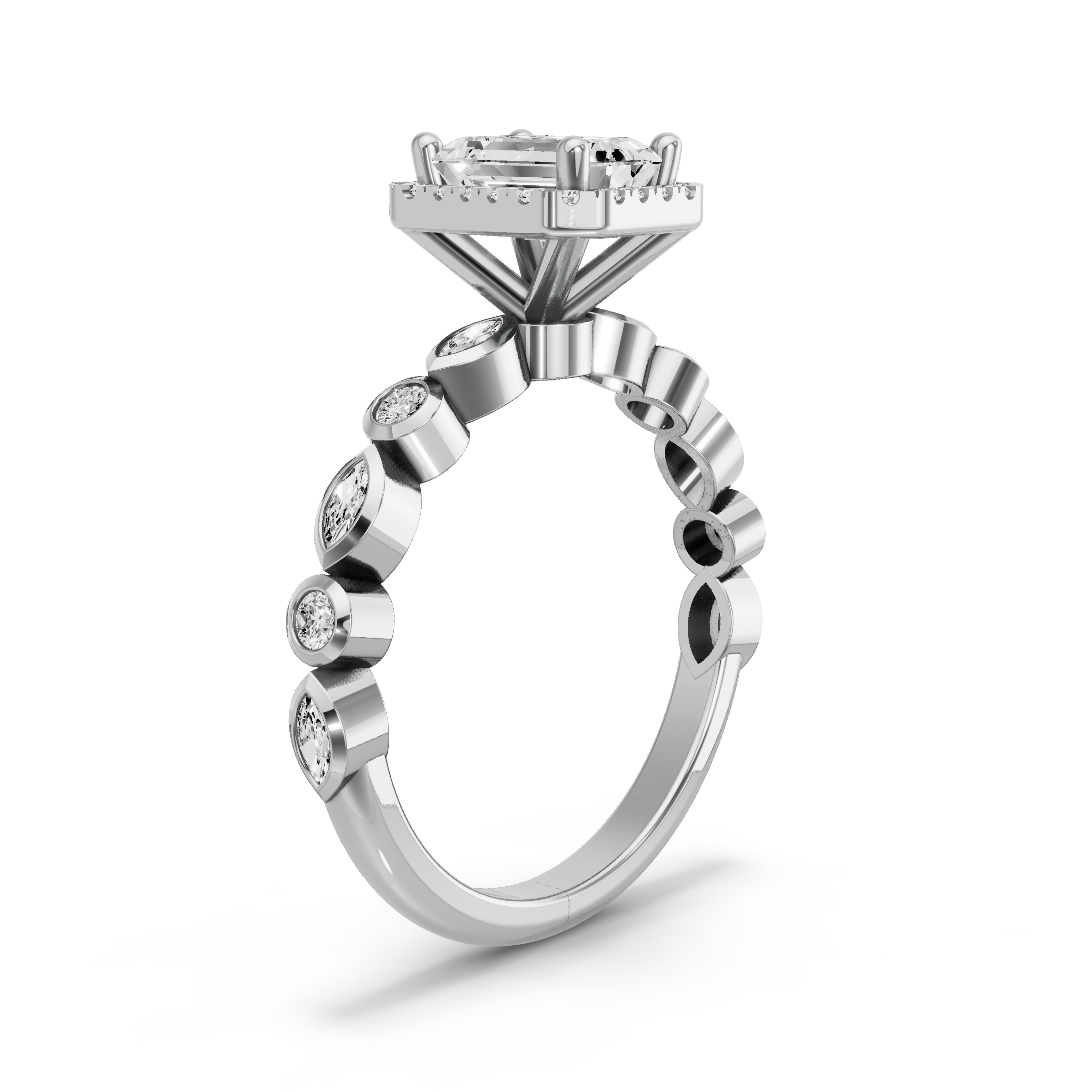Image for Emerald Pave Halo Ring with Alternating Marquise band in 10K White Gold