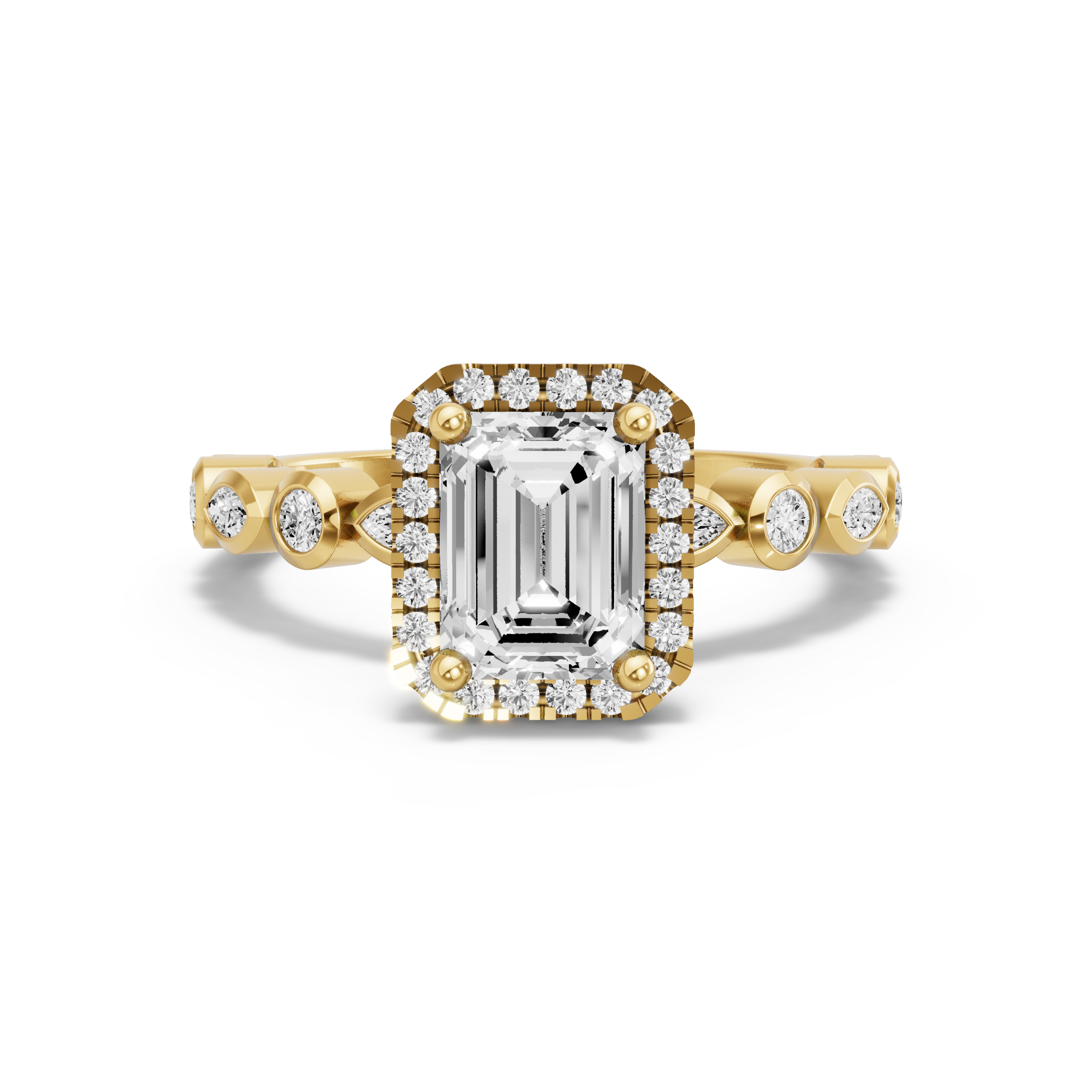 Image for Emerald Pave Halo Ring with Alternating Marquise band in 10K Yellow Gold