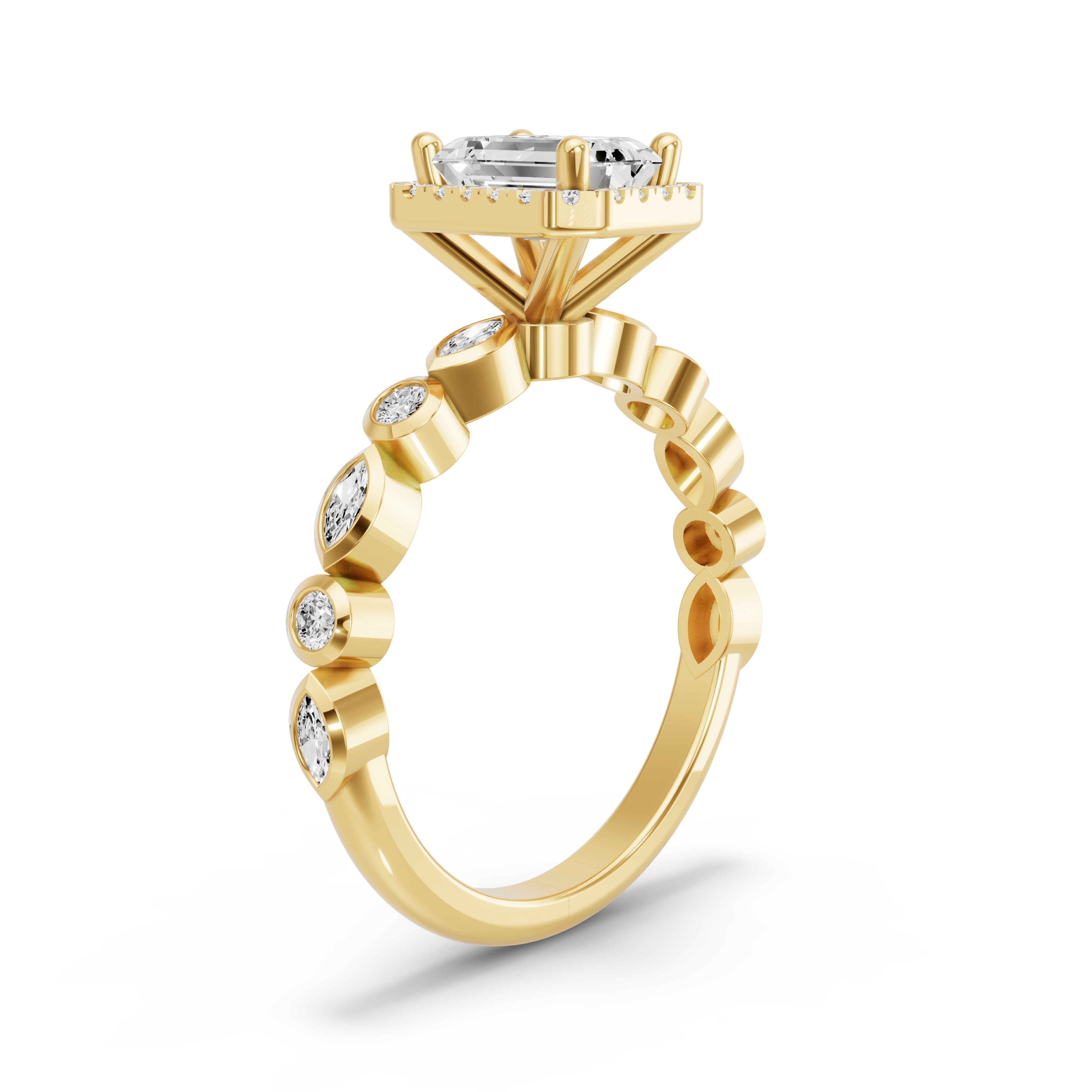 Image for Emerald Pave Halo Ring with Alternating Marquise band in 10K Yellow Gold