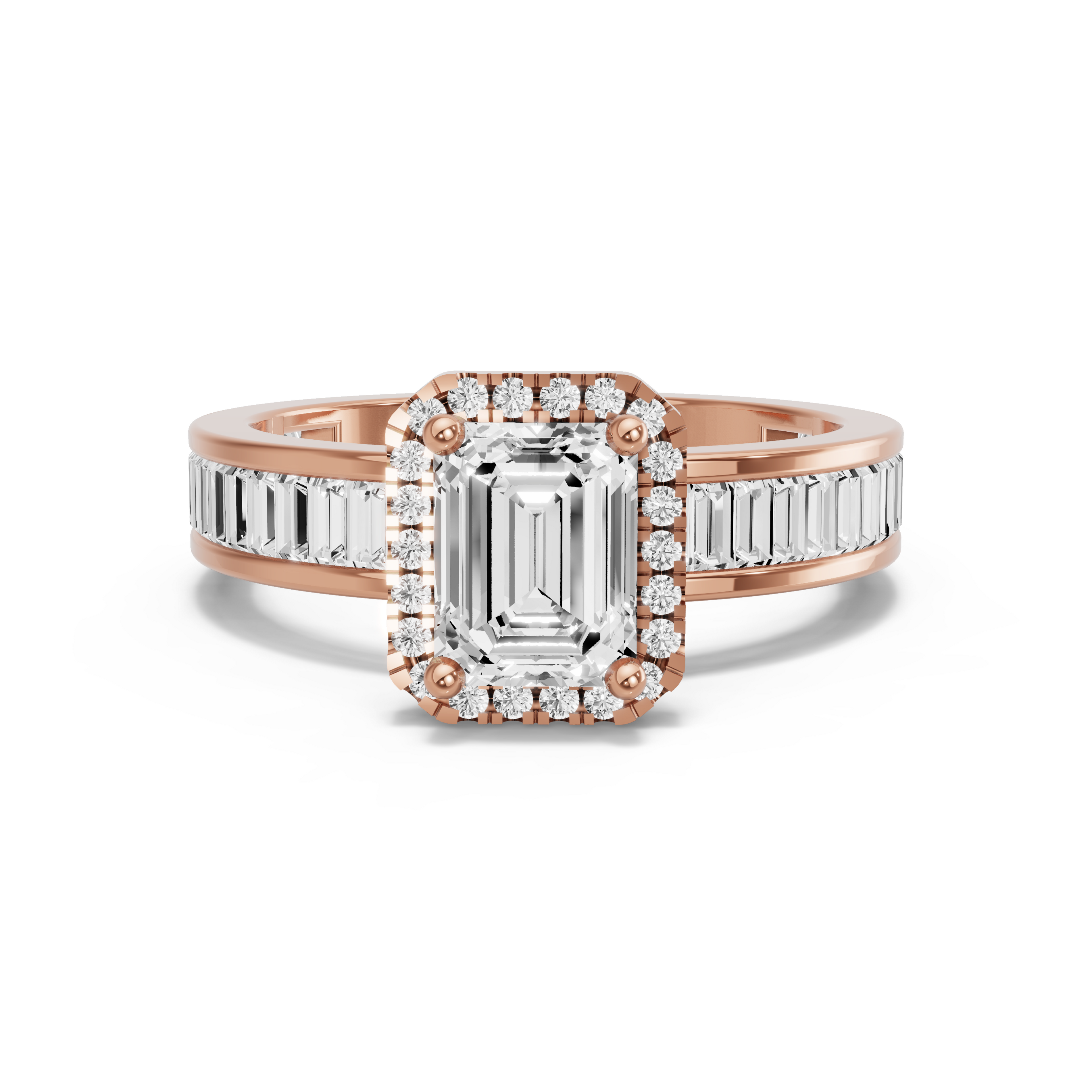 Image for Emerald Pave Halo Ring with Baguette Channel band in 14K Rose Gold