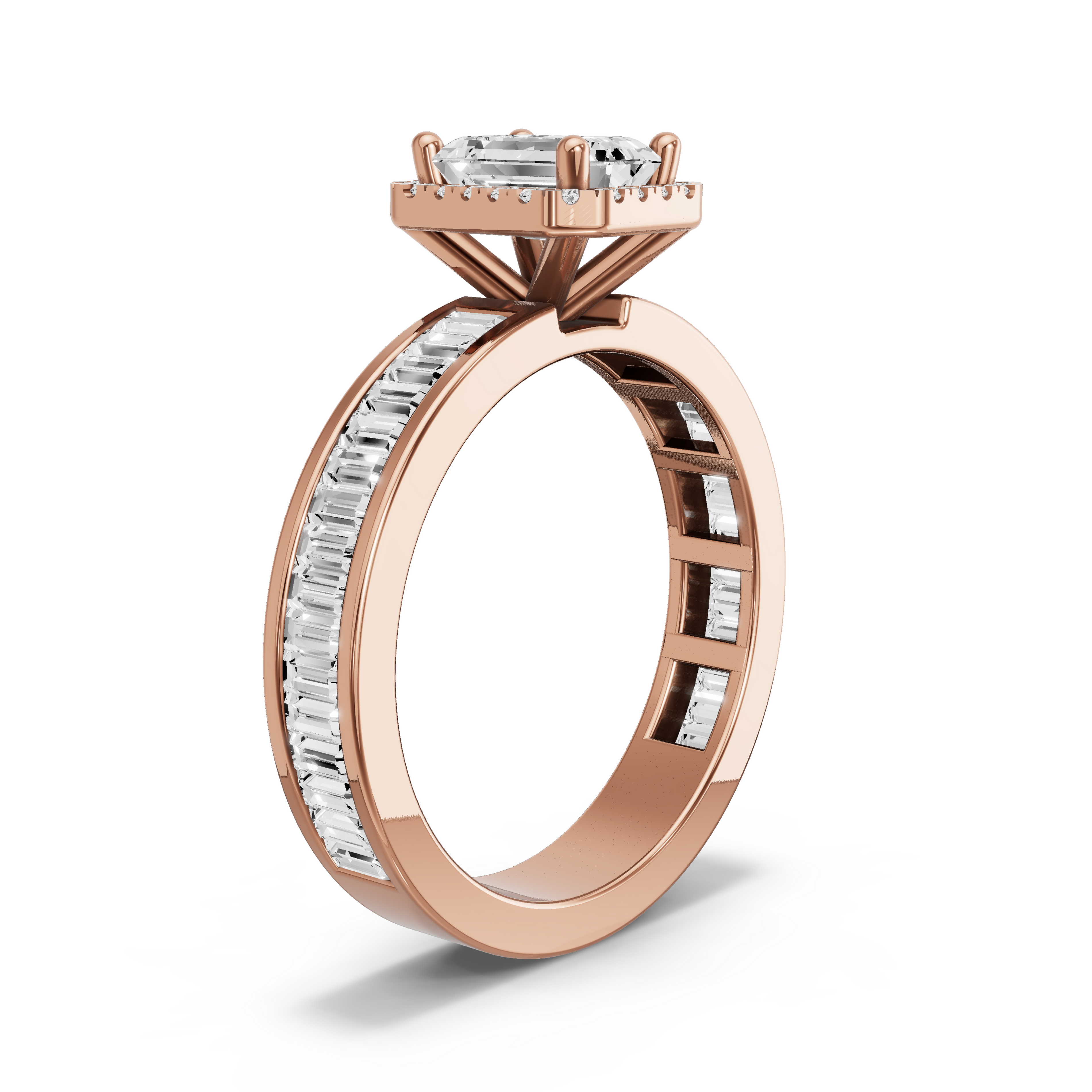 Image for Emerald Pave Halo Ring with Baguette Channel band in 10K Rose Gold