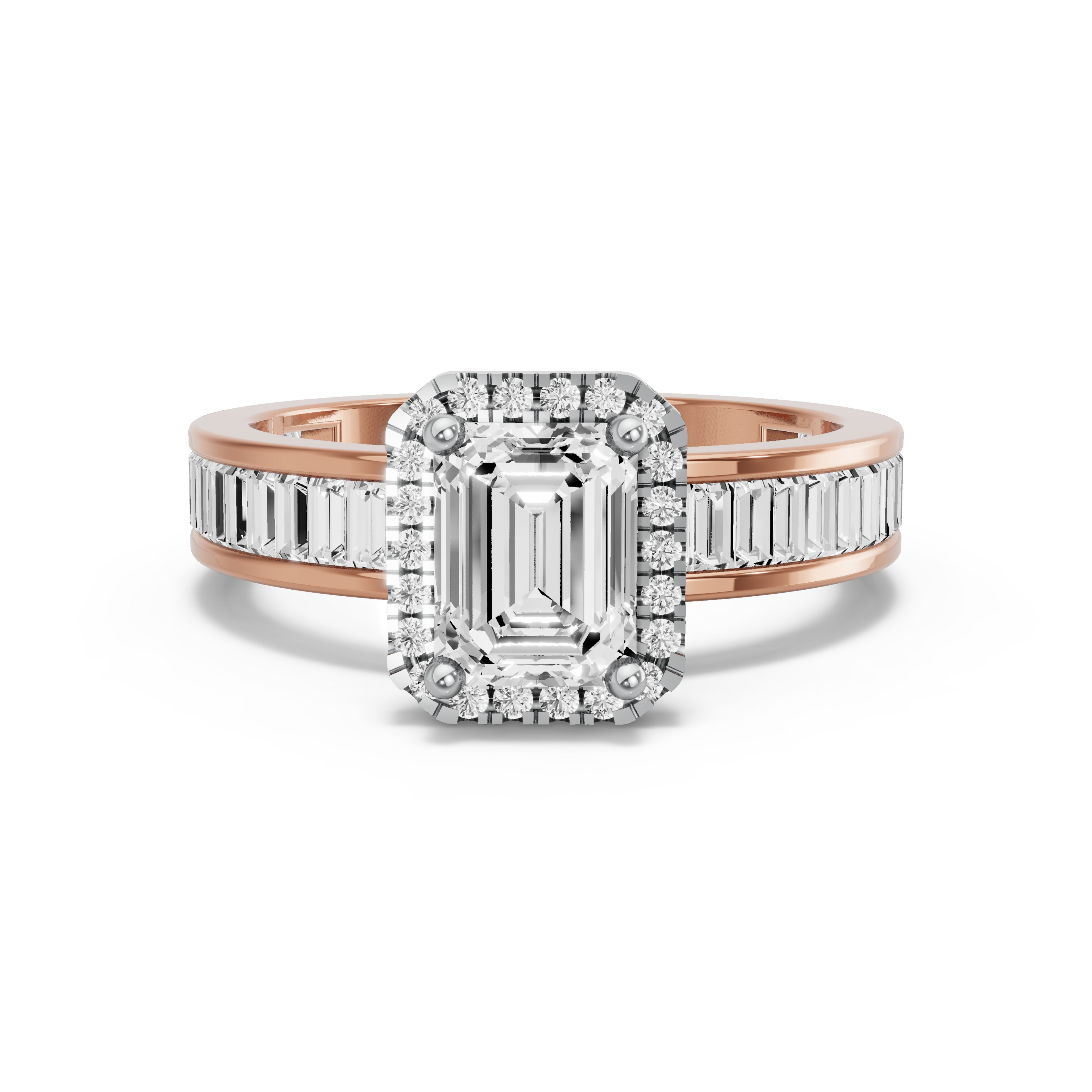 Image for Emerald Pave Halo Ring with Baguette Channel band in 18K Two Tone Rose Gold