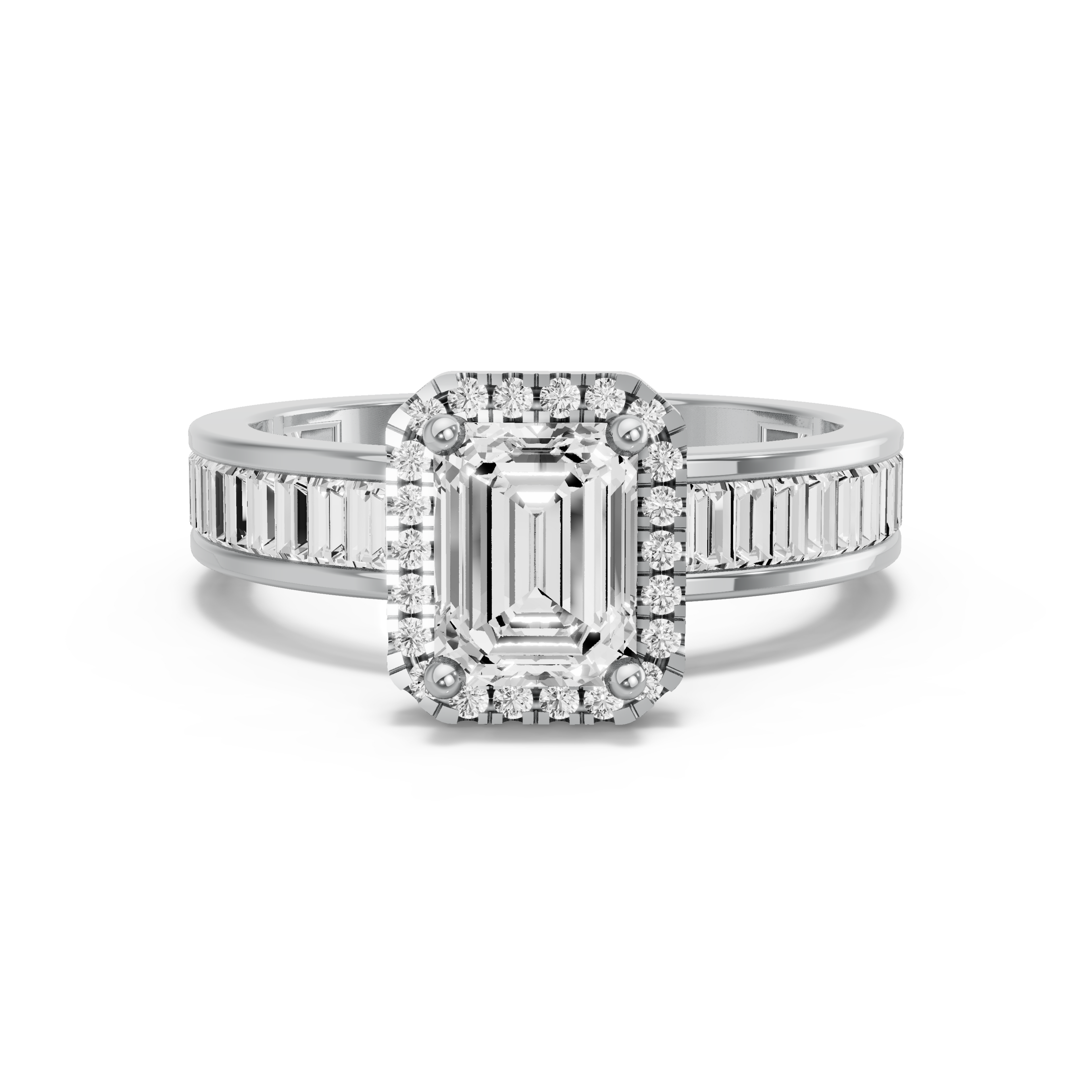 Image for Emerald Pave Halo Ring with Baguette Channel band in 18K White Gold