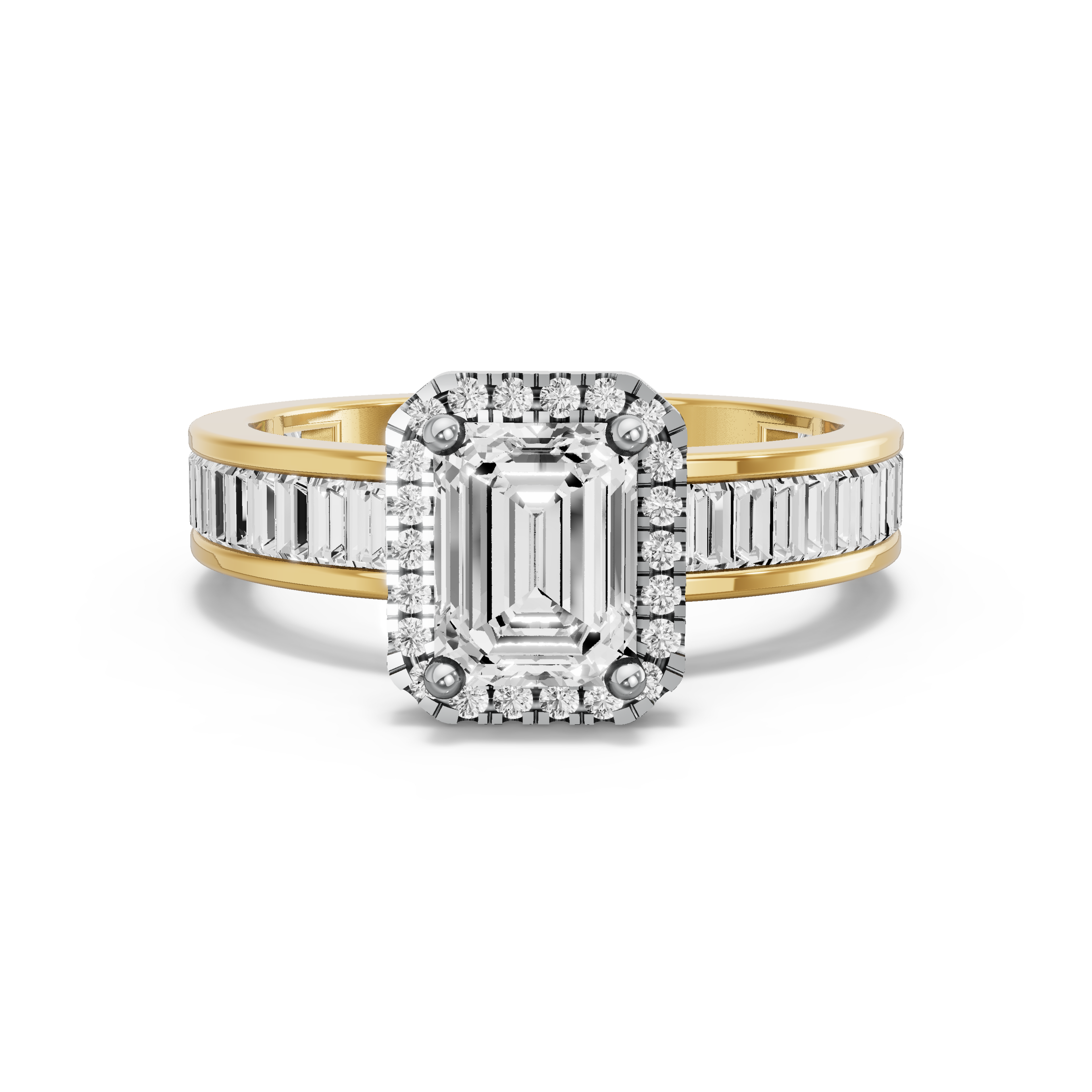 Image for Emerald Pave Halo Ring with Baguette Channel band in 18K Two Tone Yellow Gold