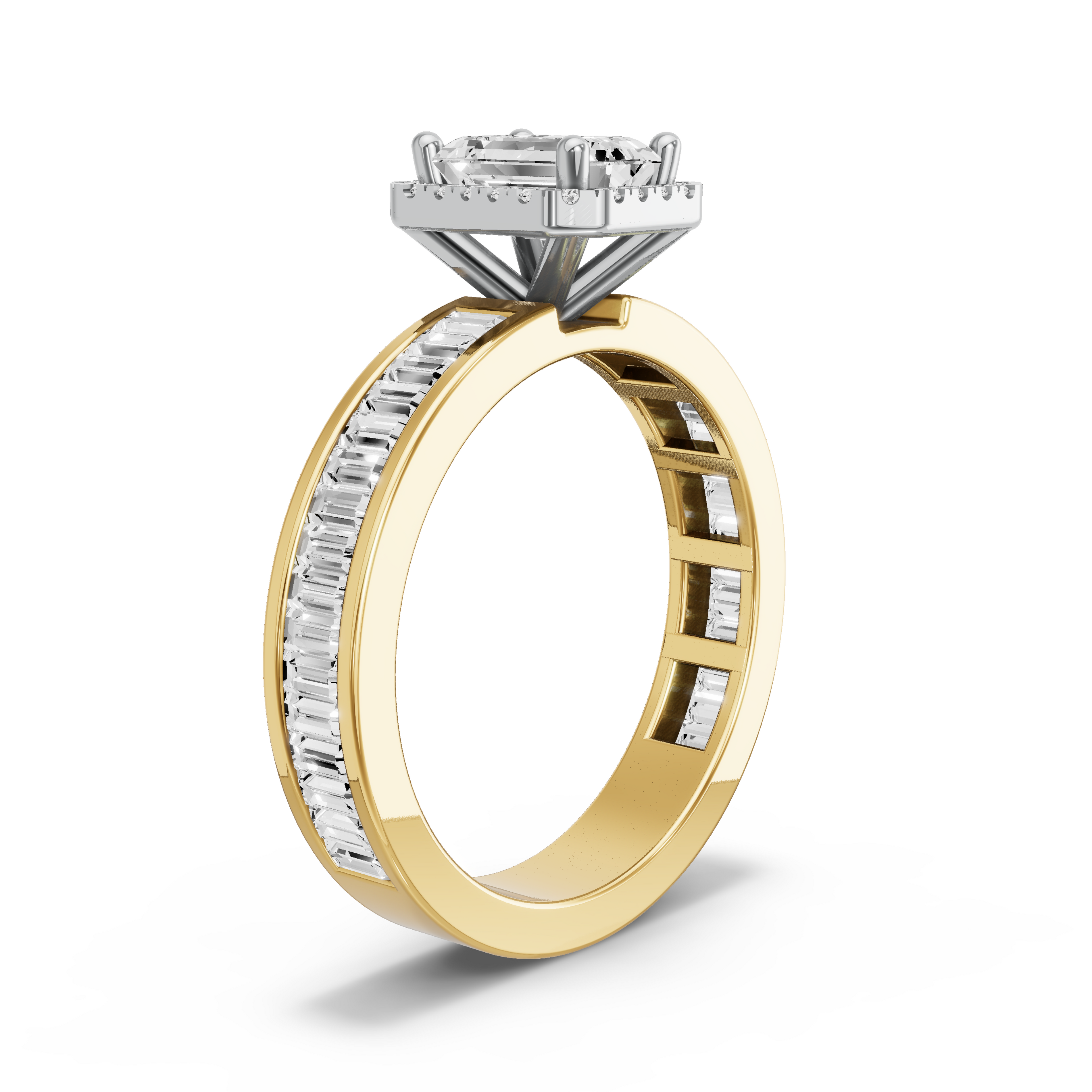 Image for Emerald Pave Halo Ring with Baguette Channel band in 10K Two Tone Yellow Gold