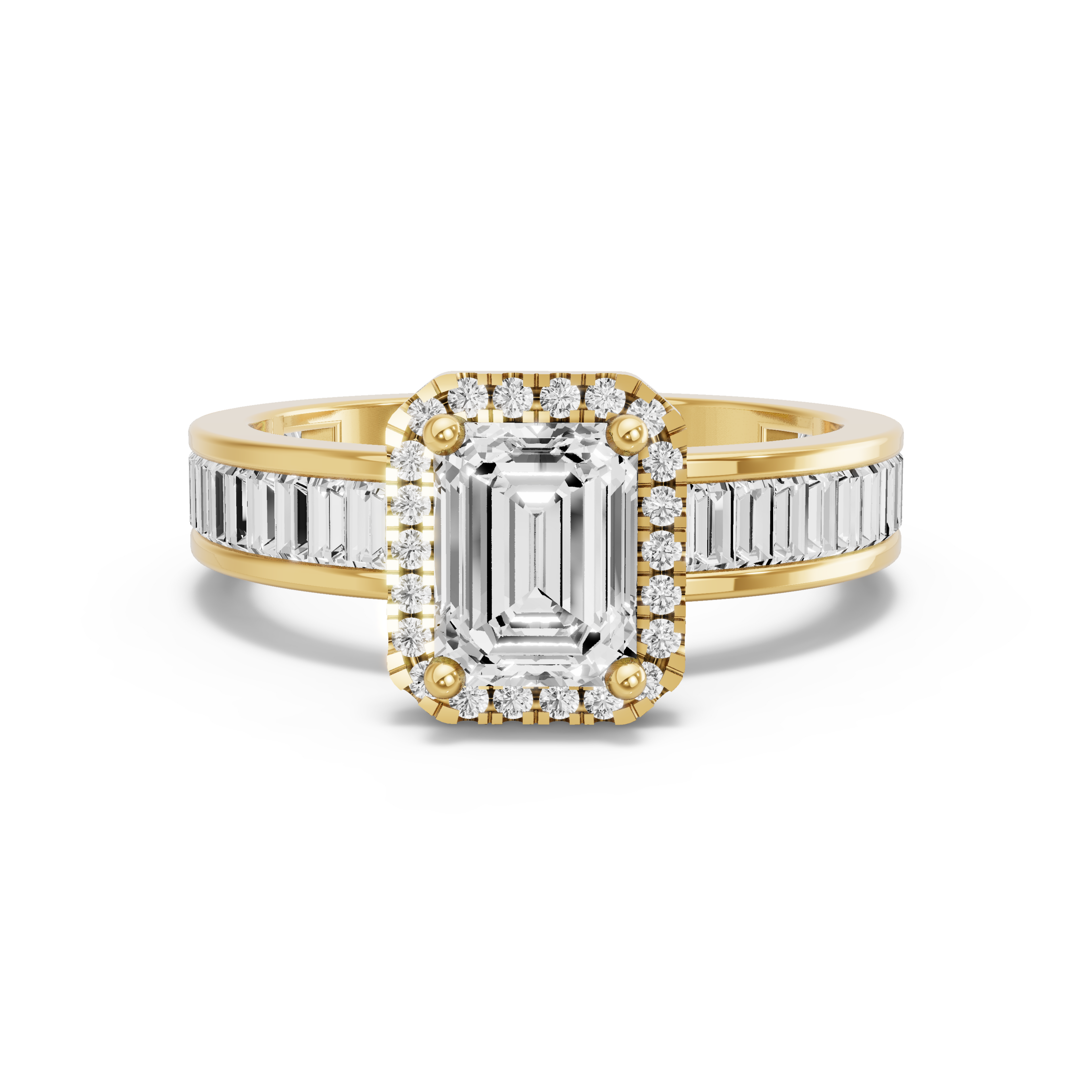 Image for Emerald Pave Halo Ring with Baguette Channel band in 10K Yellow Gold