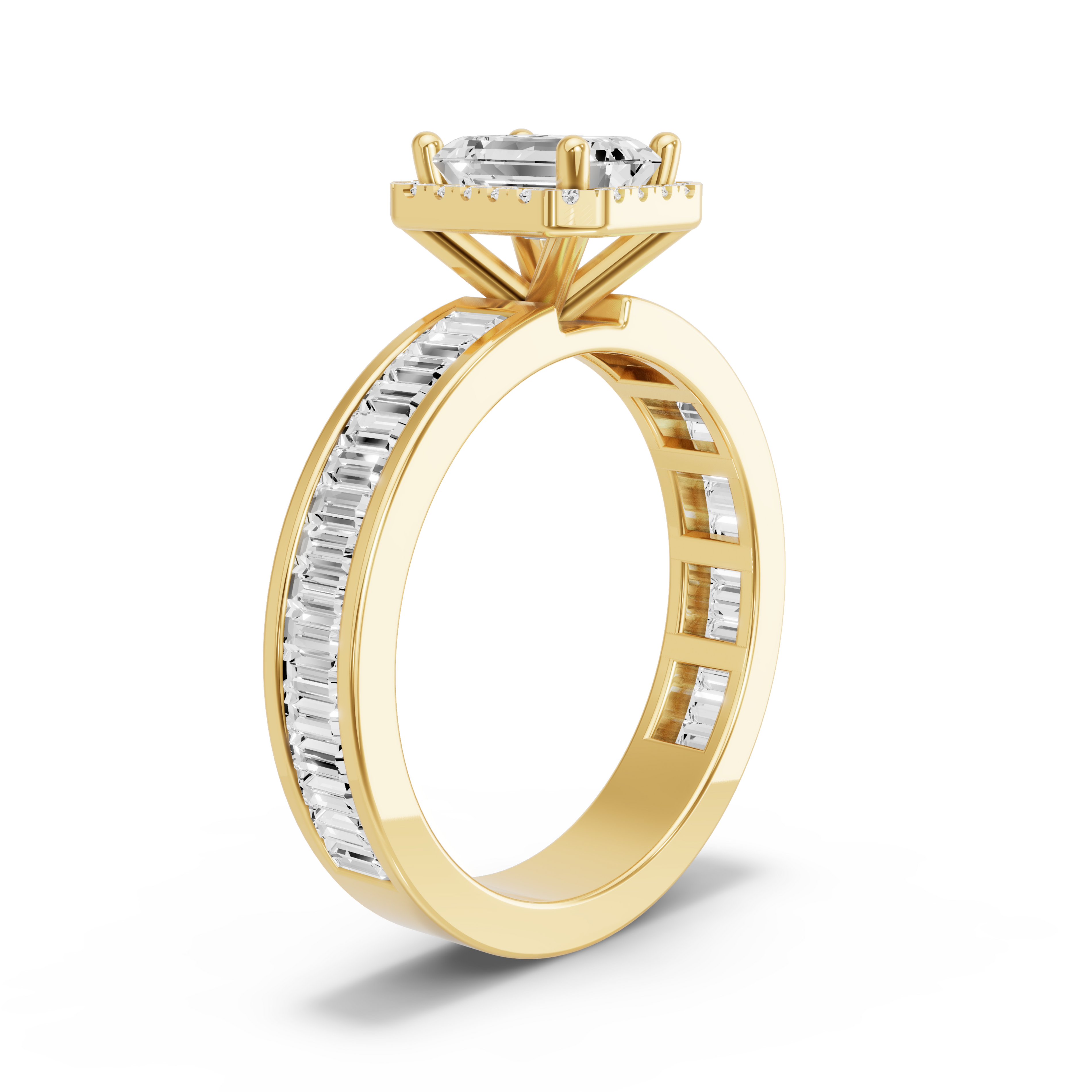Image for Emerald Pave Halo Ring with Baguette Channel band in 10K Yellow Gold