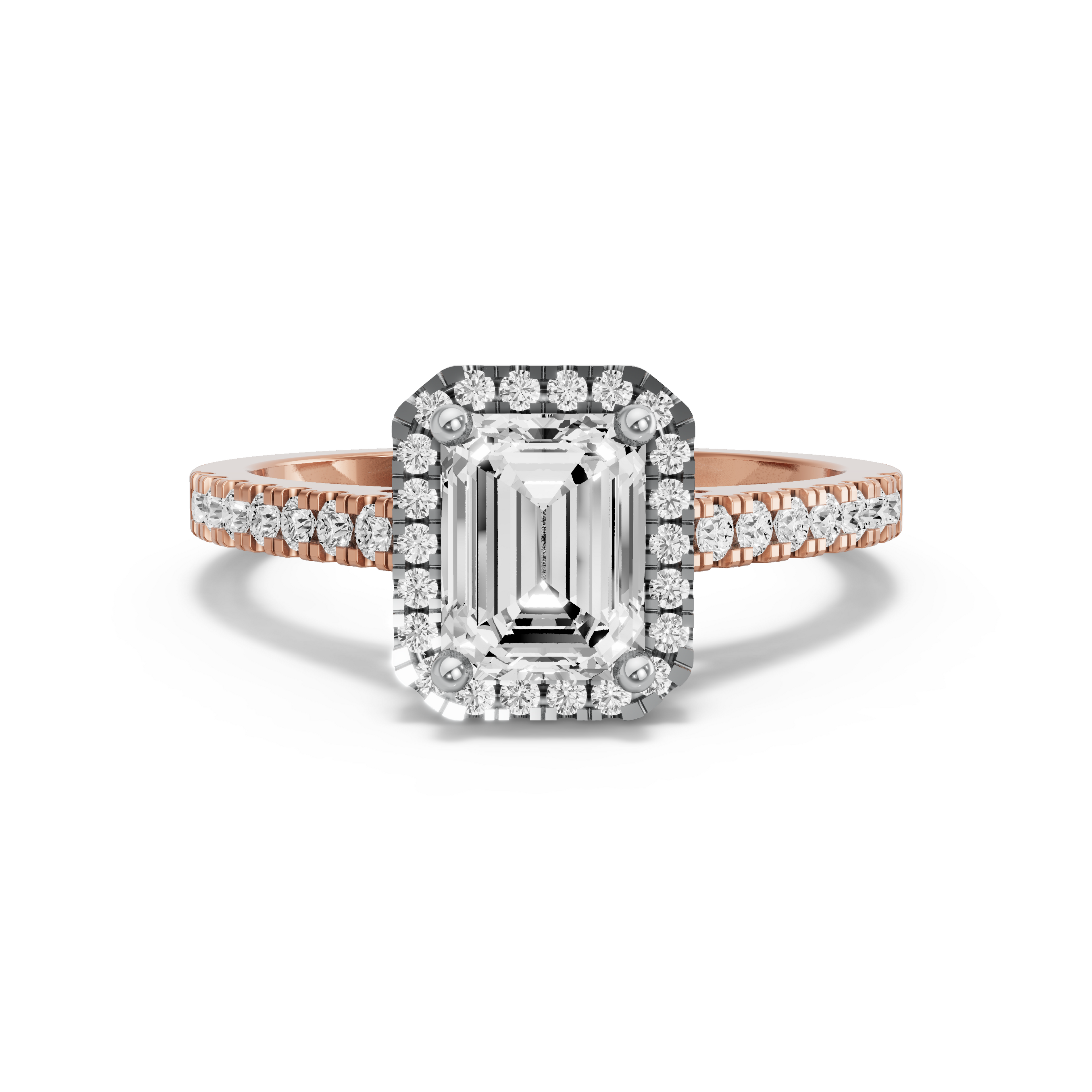 Image for Emerald Pave Halo Ring with Cathedral Pave band in 10K Two Tone Rose Gold