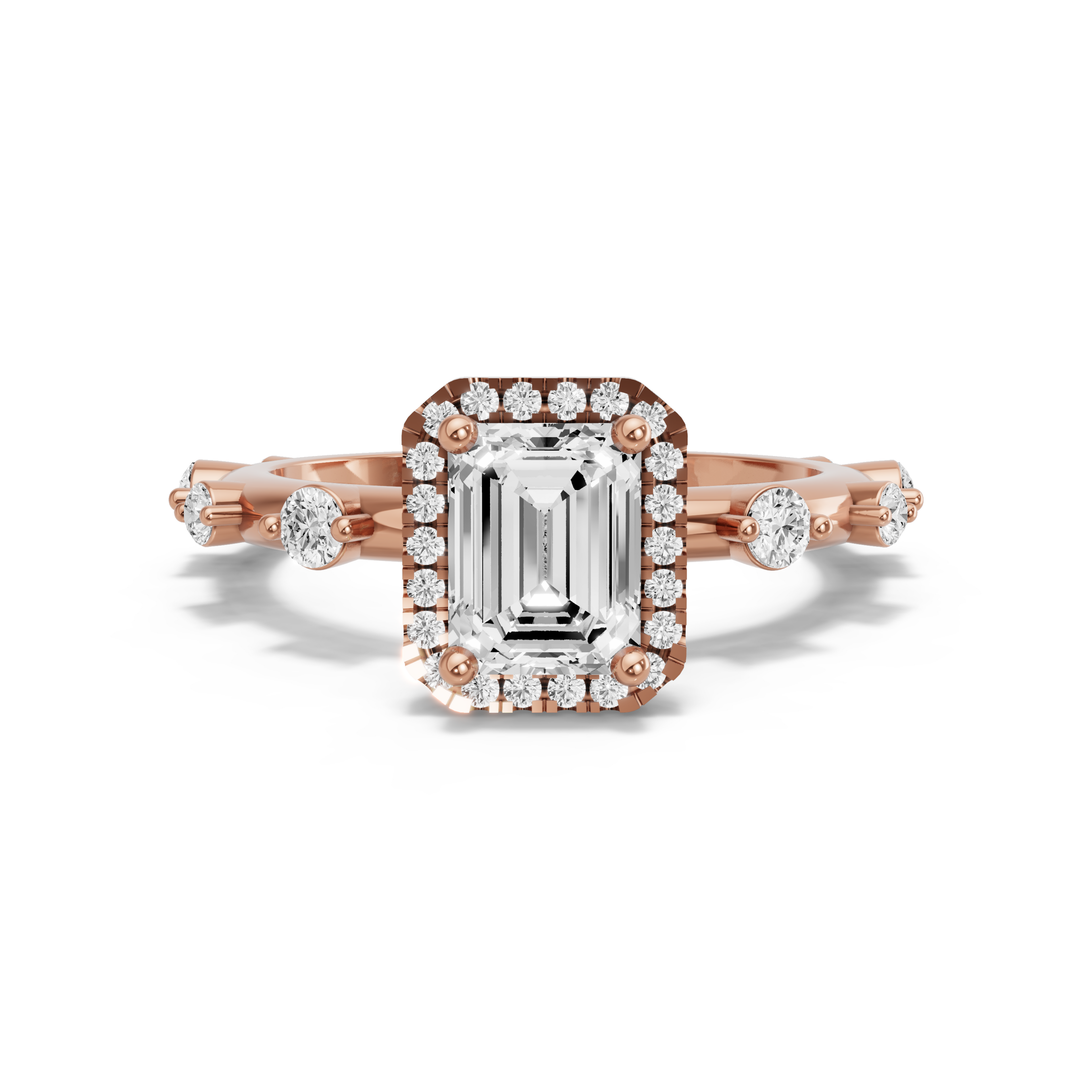 Image for Emerald Pave Halo Ring with Floating Station band in 18K Rose Gold