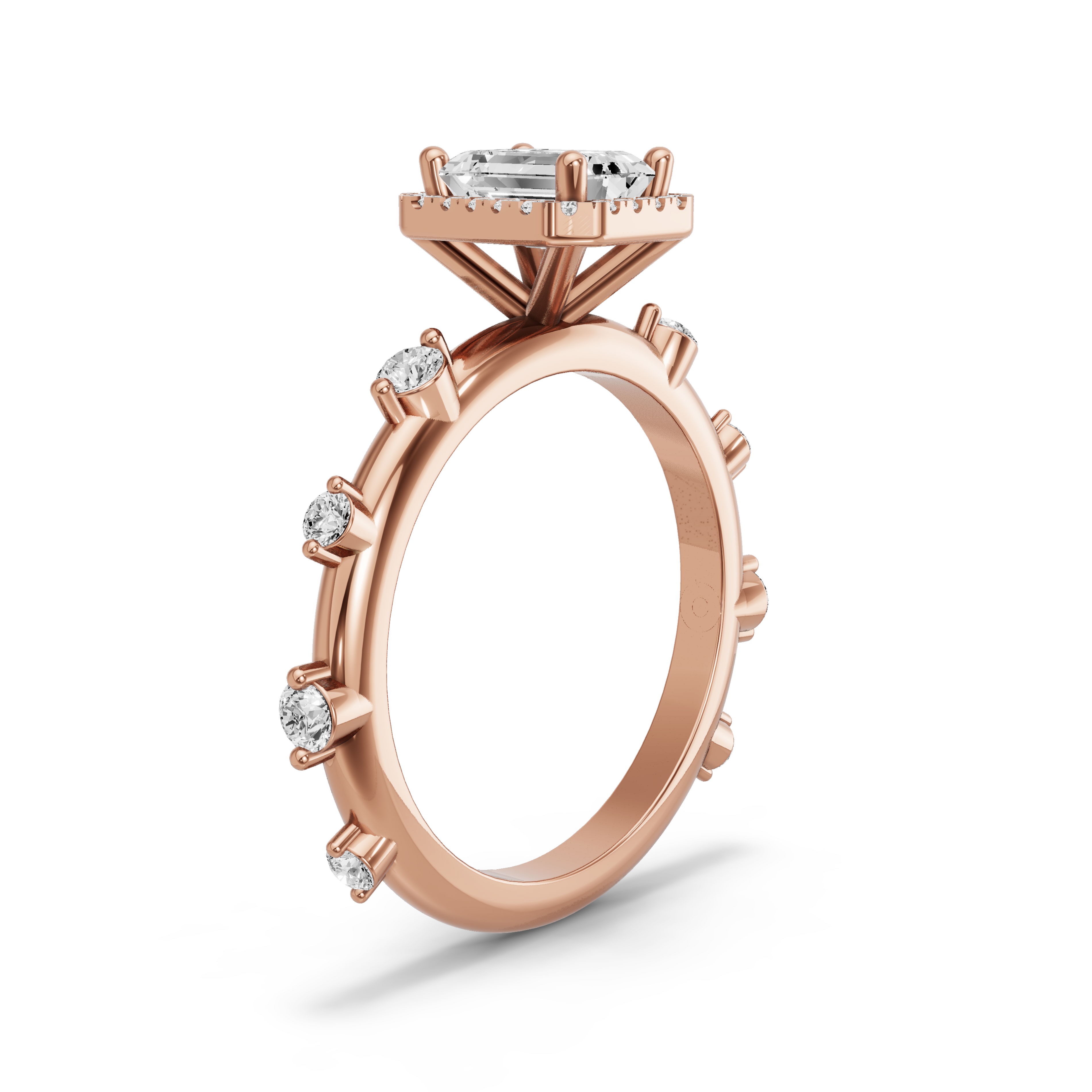 Image for Emerald Pave Halo Ring with Floating Station band in 10K Rose Gold