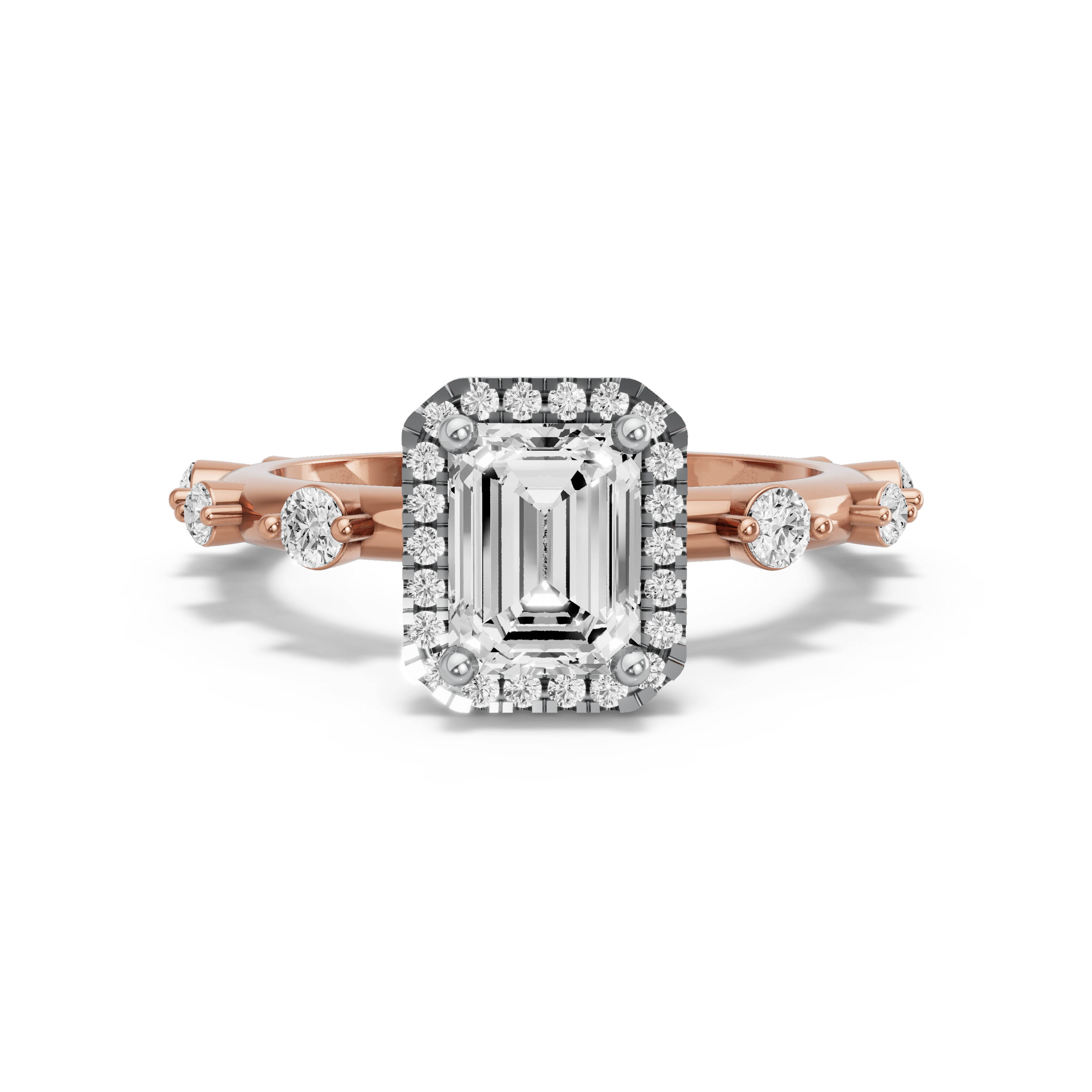 Image for Emerald Pave Halo Ring with Floating Station band in 10K Two Tone Rose Gold