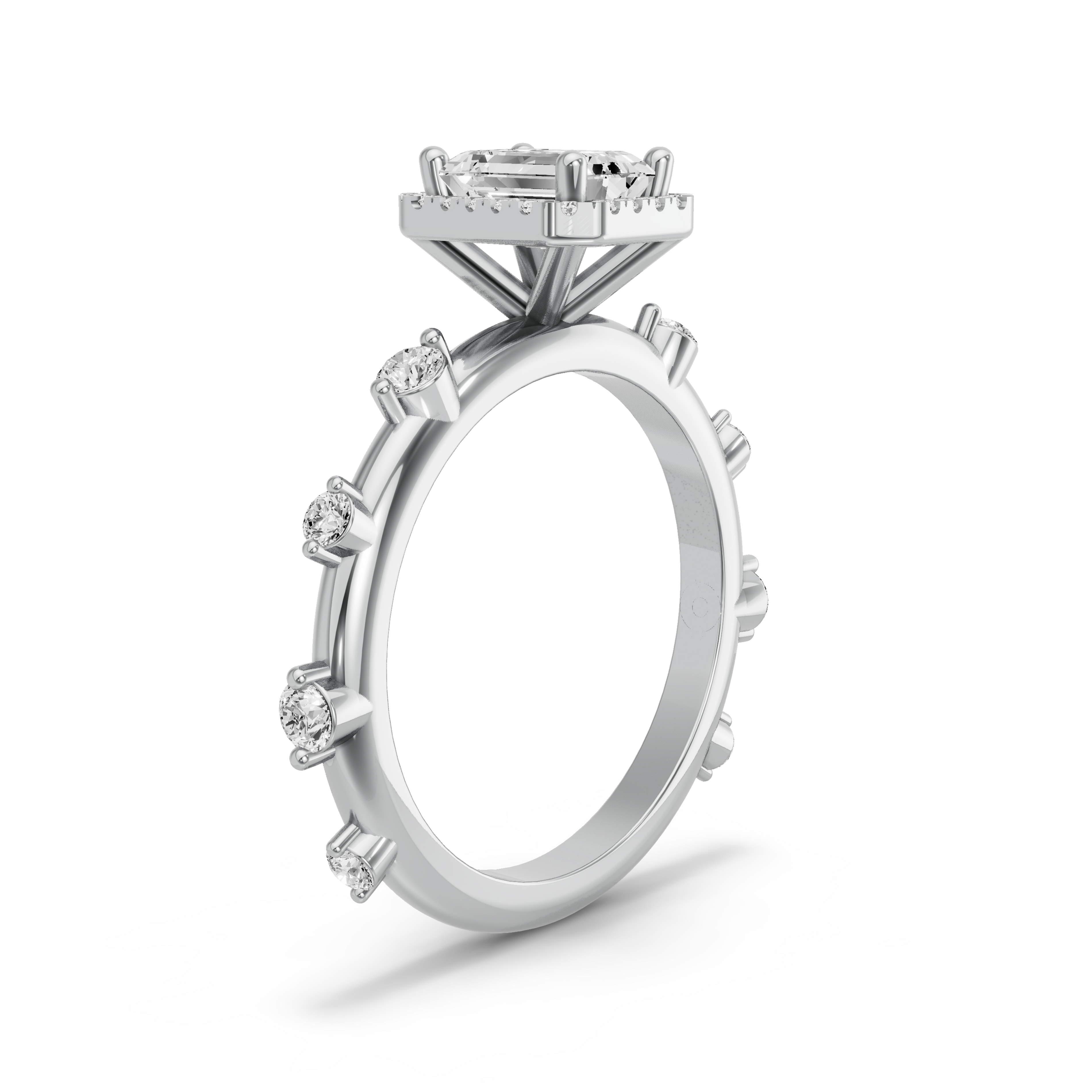 Image for Emerald Pave Halo Ring with Floating Station band in 10K White Gold