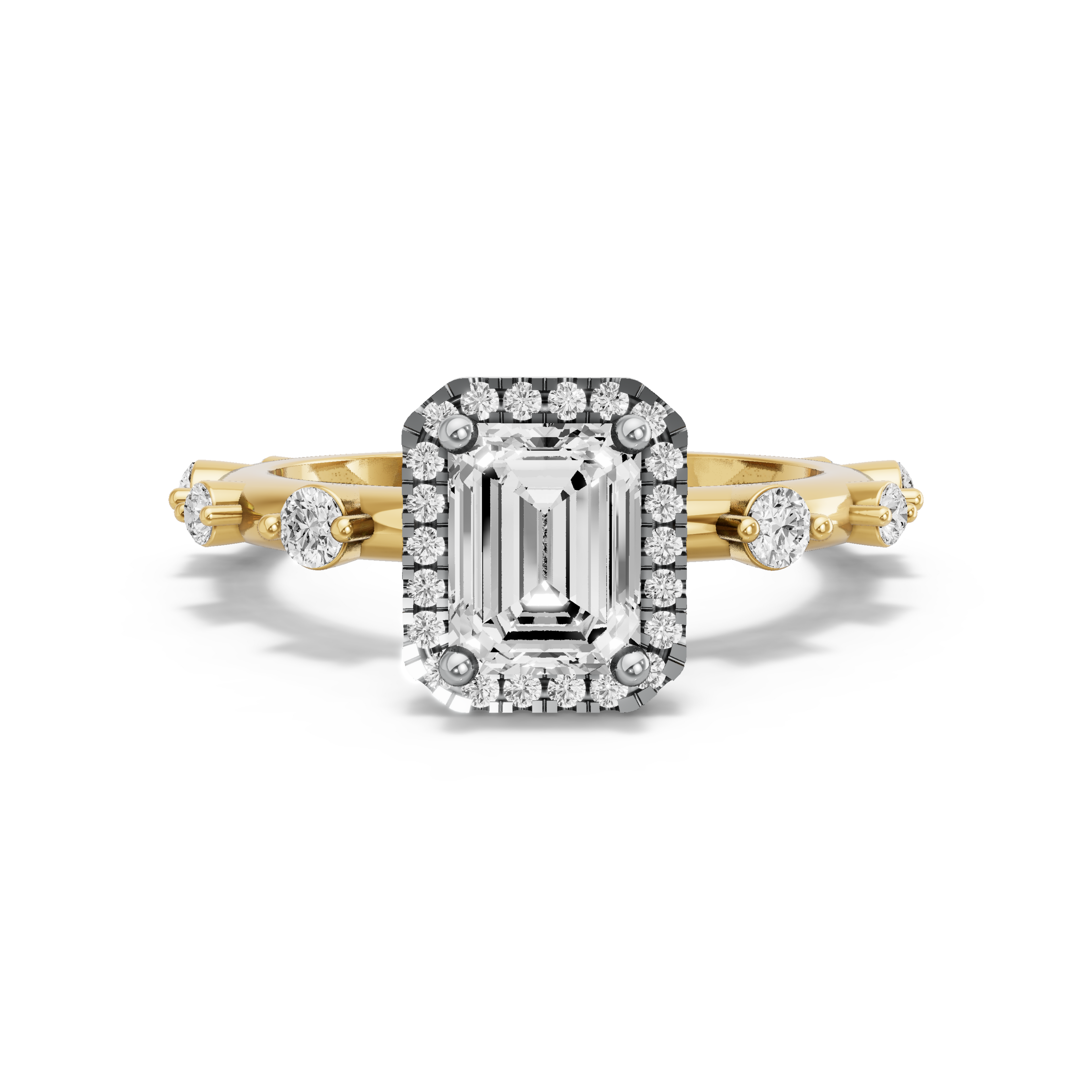Image for Emerald Pave Halo Ring with Floating Station band in 10K Two Tone Yellow Gold