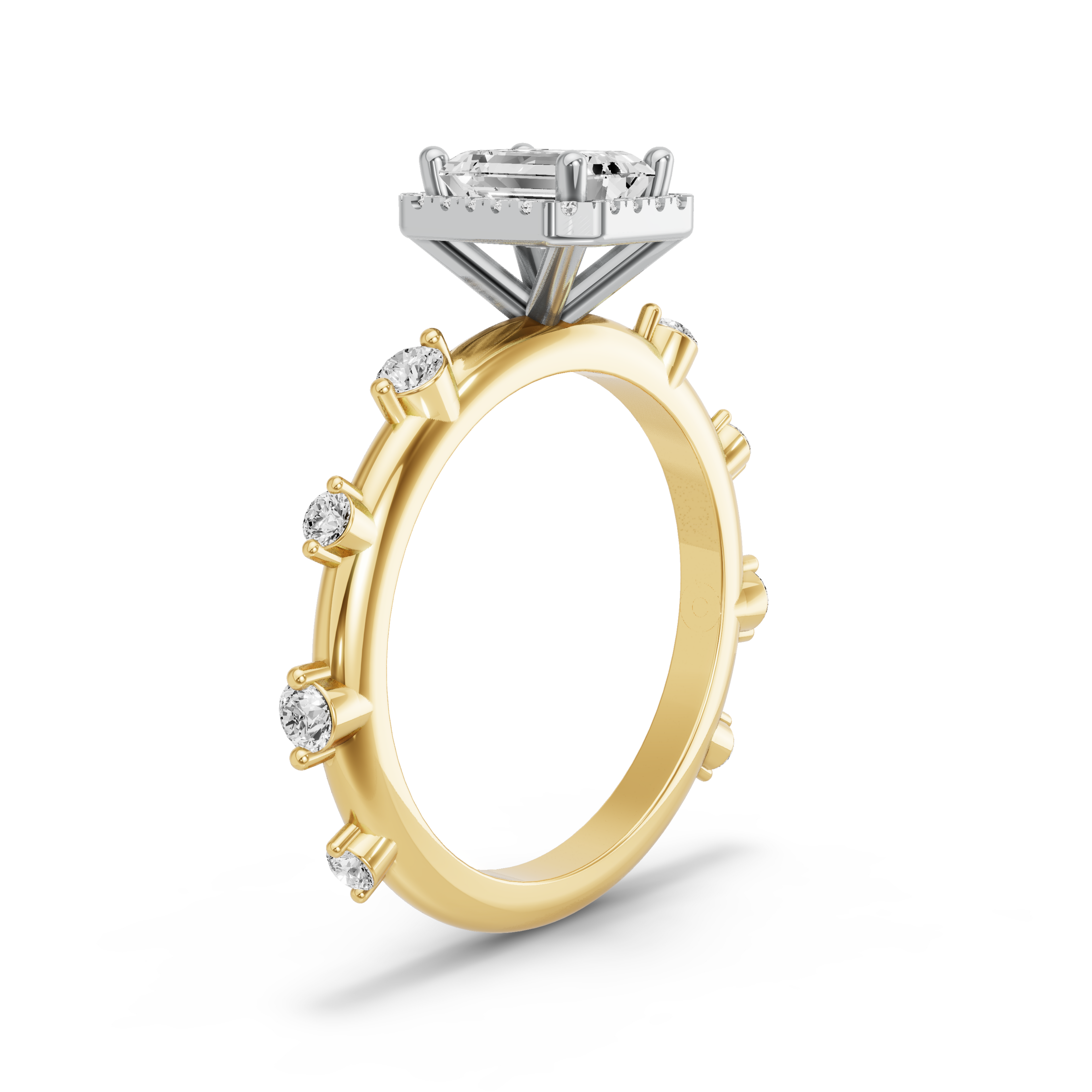 Image for Emerald Pave Halo Ring with Floating Station band in 18K Two Tone Yellow Gold