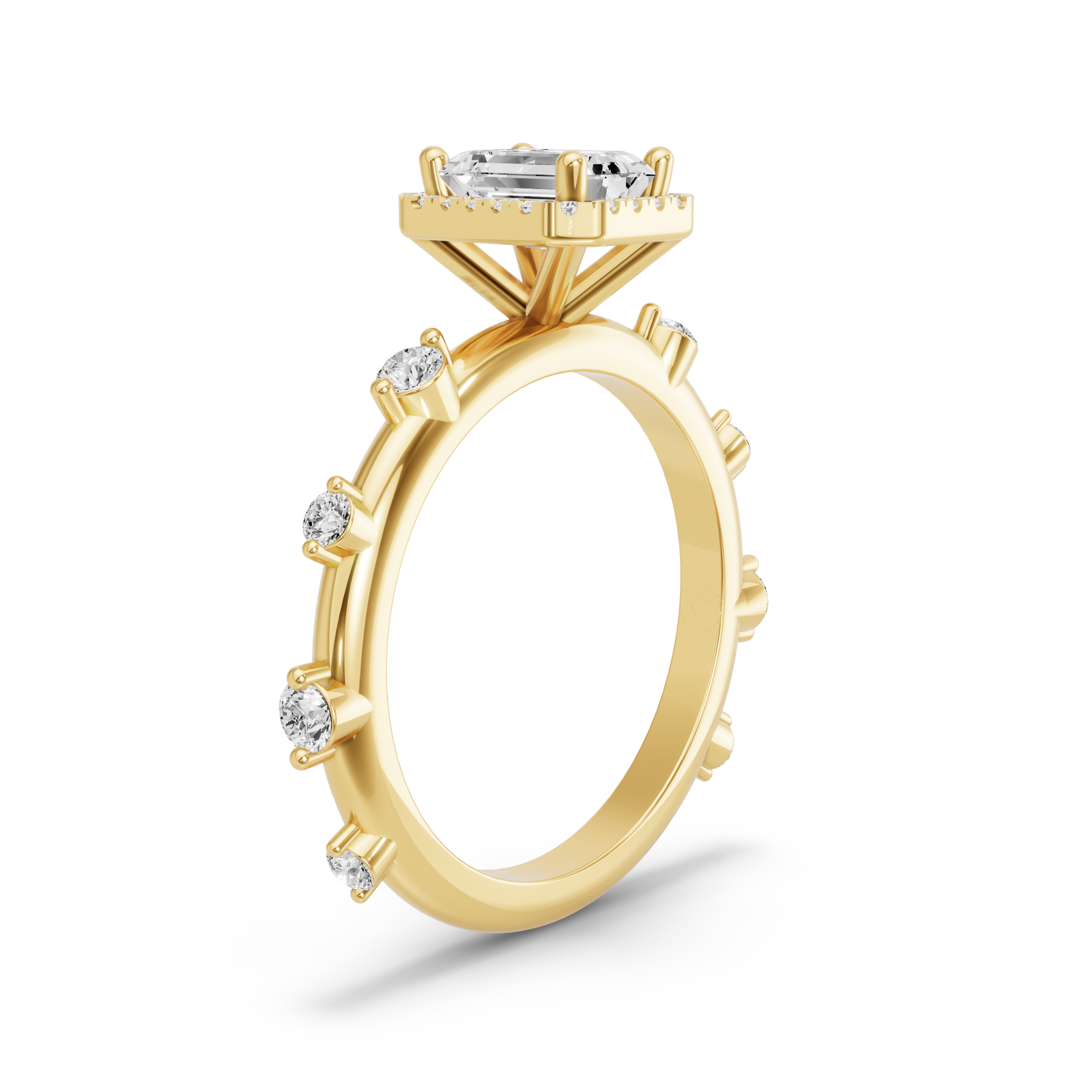 Image for Emerald Pave Halo Ring with Floating Station band in 10K Yellow Gold
