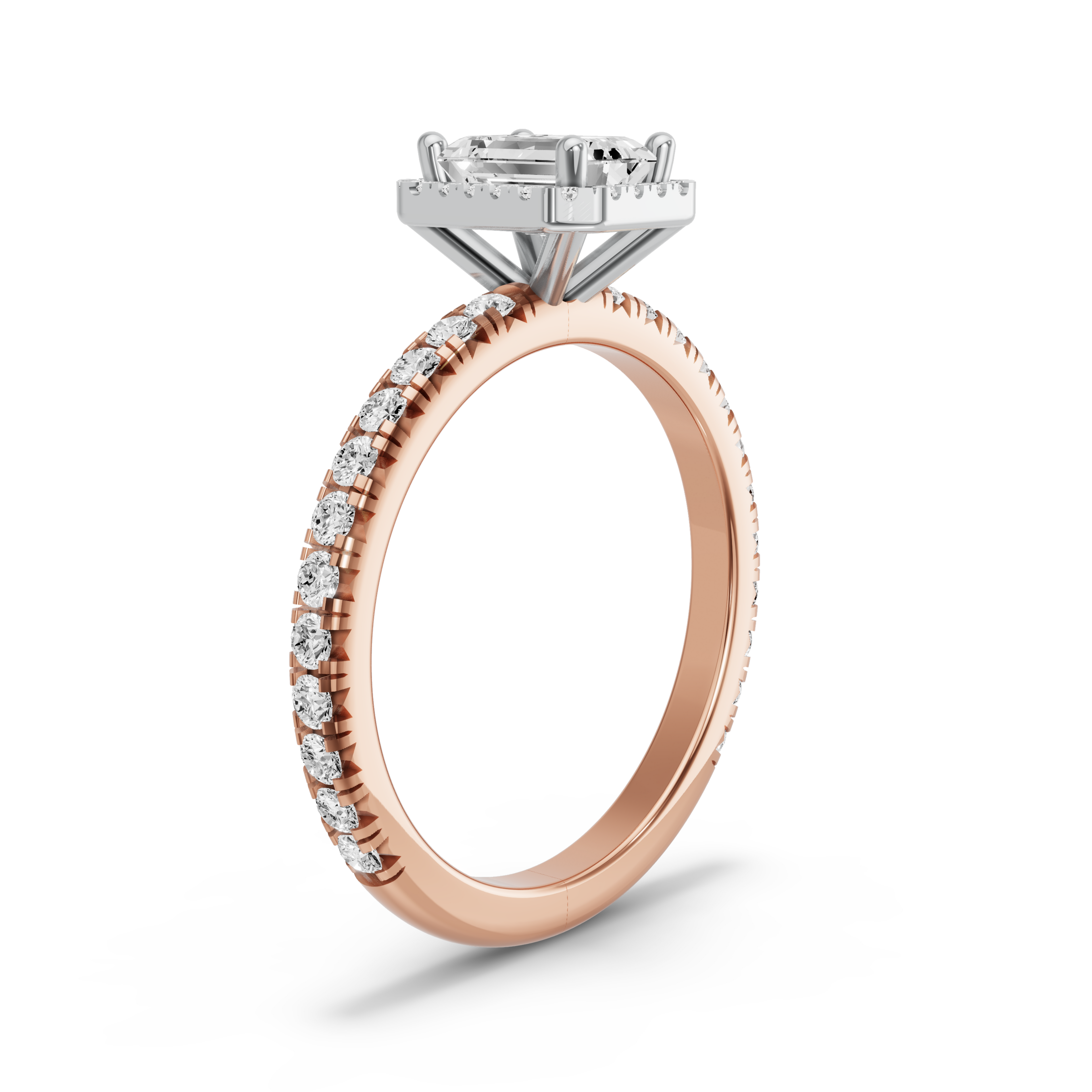 Image for Emerald Pave Halo Ring with French Pave band in 18K Two Tone Rose Gold
