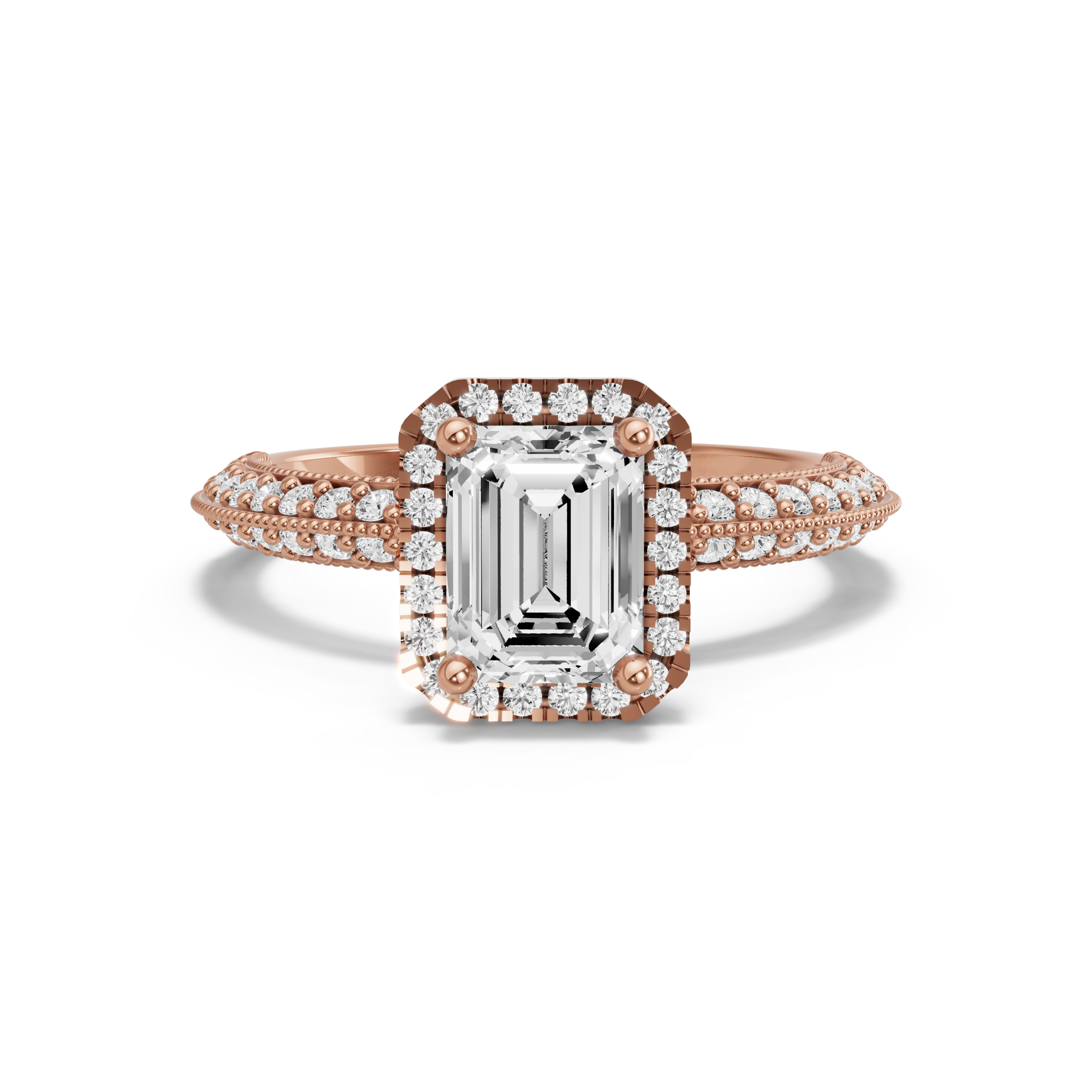 Image for Emerald Pave Halo Ring with Knife Edge Pave band in 10K Rose Gold
