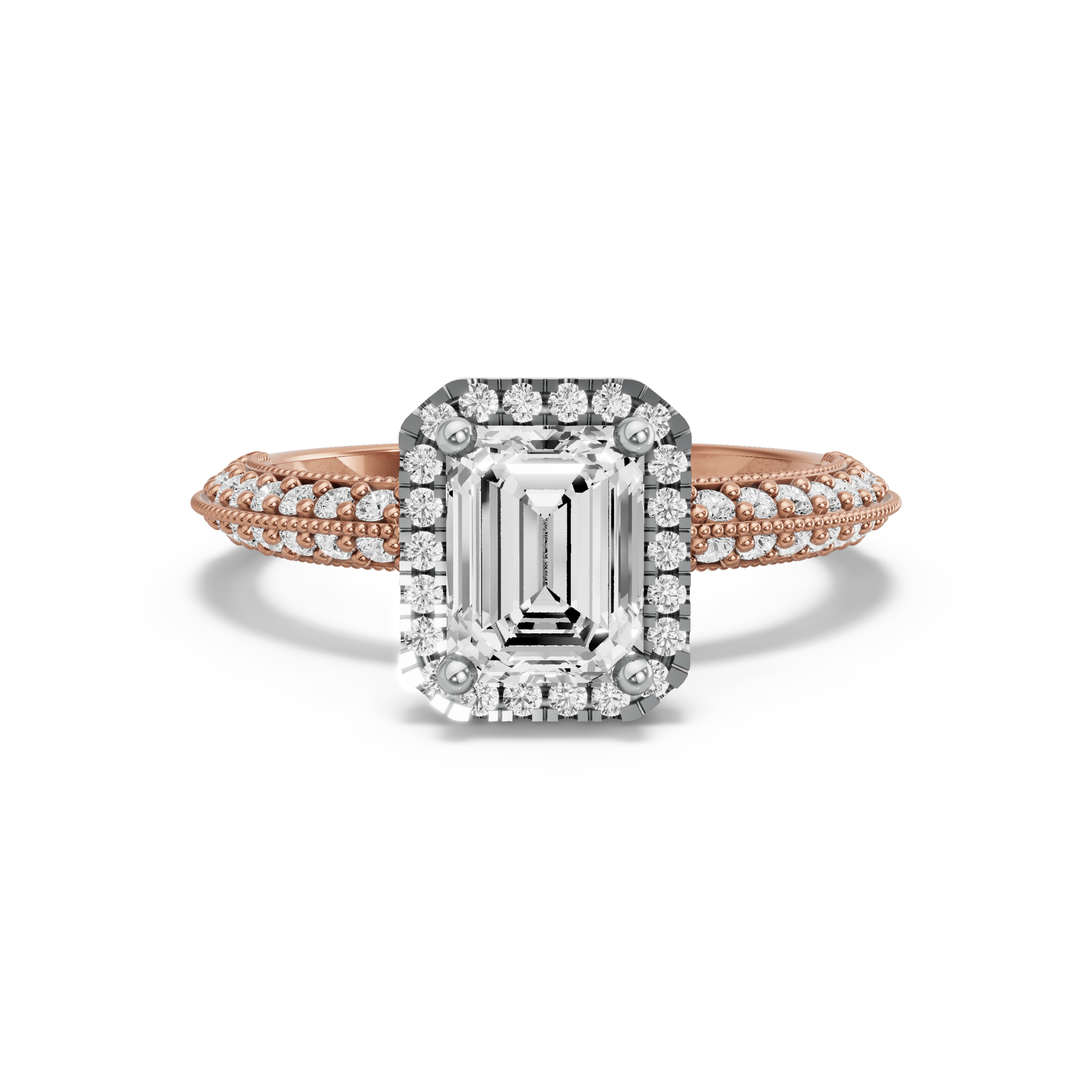 Image for Emerald Pave Halo Ring with Knife Edge Pave band in 10K Two Tone Rose Gold