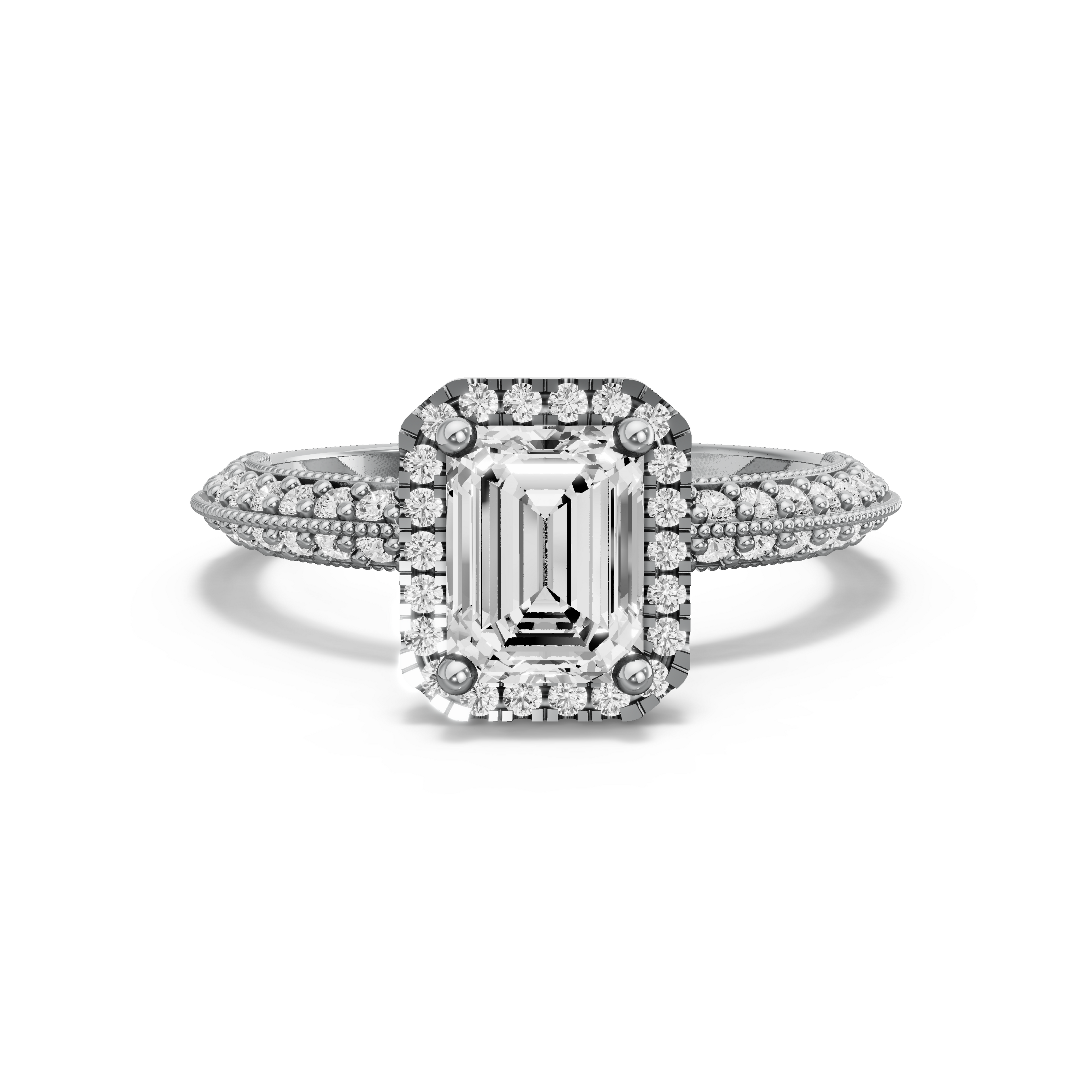 Image for Emerald Pave Halo Ring with Knife Edge Pave band in 10K White Gold