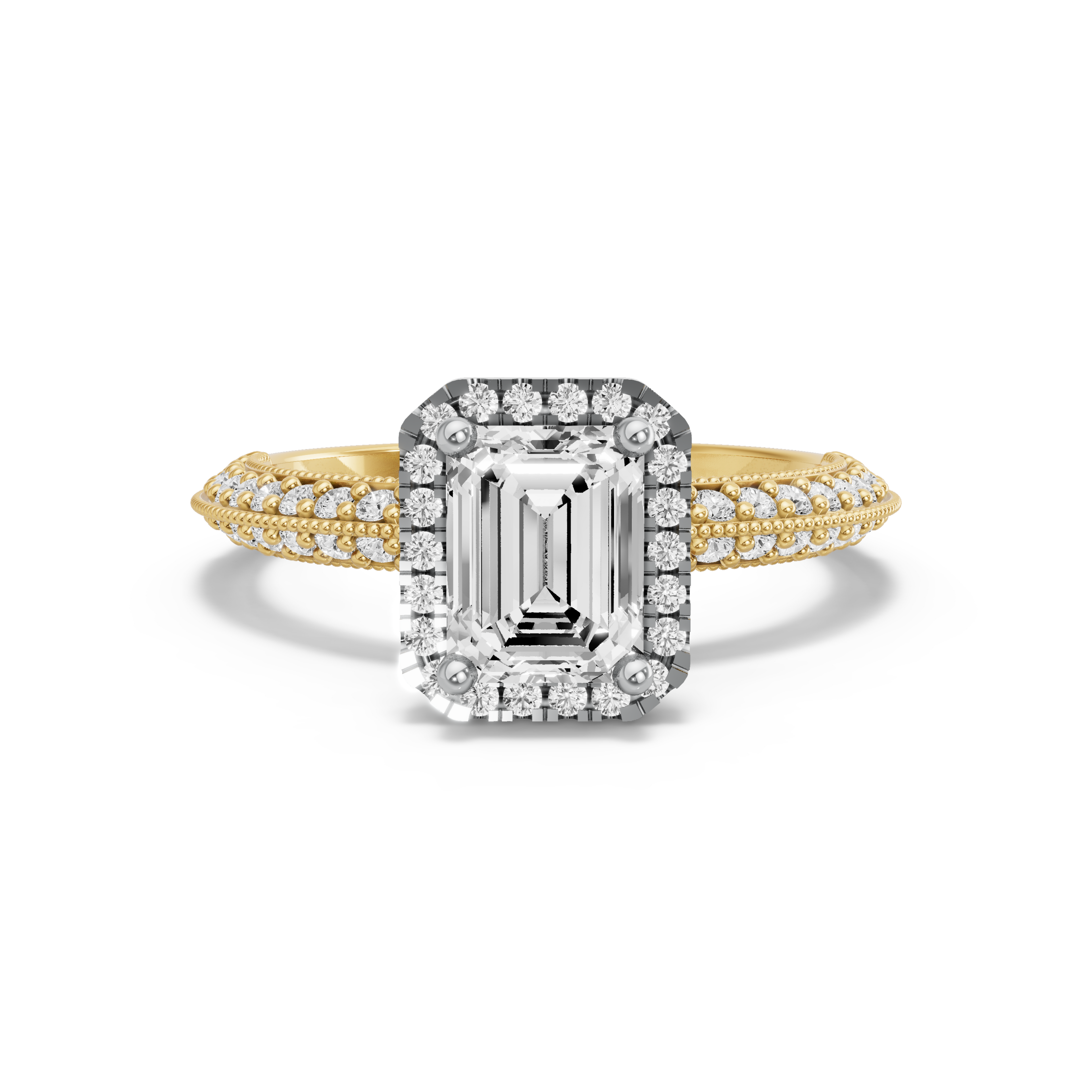 Image for Emerald Pave Halo Ring with Knife Edge Pave band in 18K Two Tone Yellow Gold