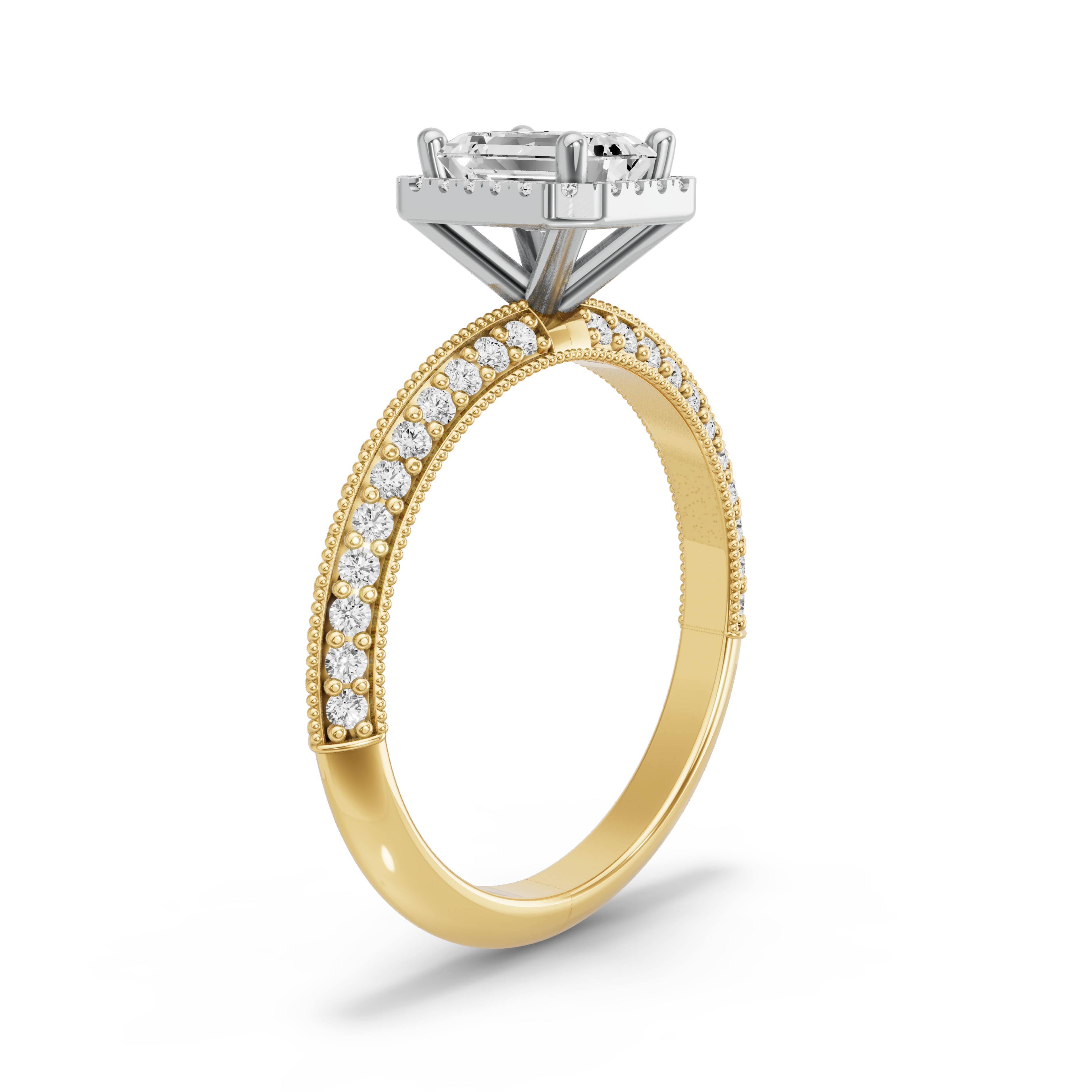 Image for Emerald Pave Halo Ring with Knife Edge Pave band in 14K Two Tone Yellow Gold