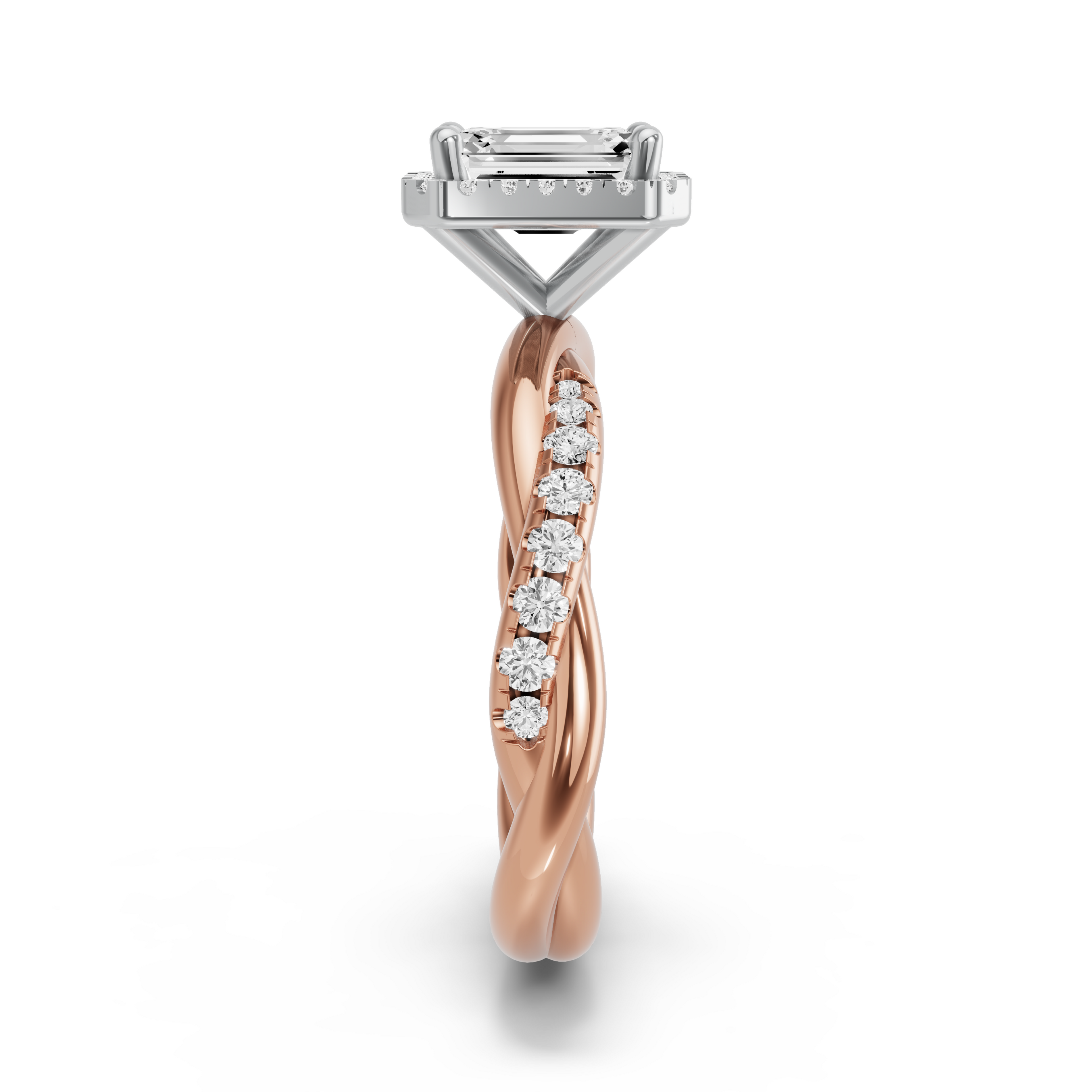 Image for Emerald Pave Halo Ring with Rope Pave band in 14K Two Tone Rose Gold