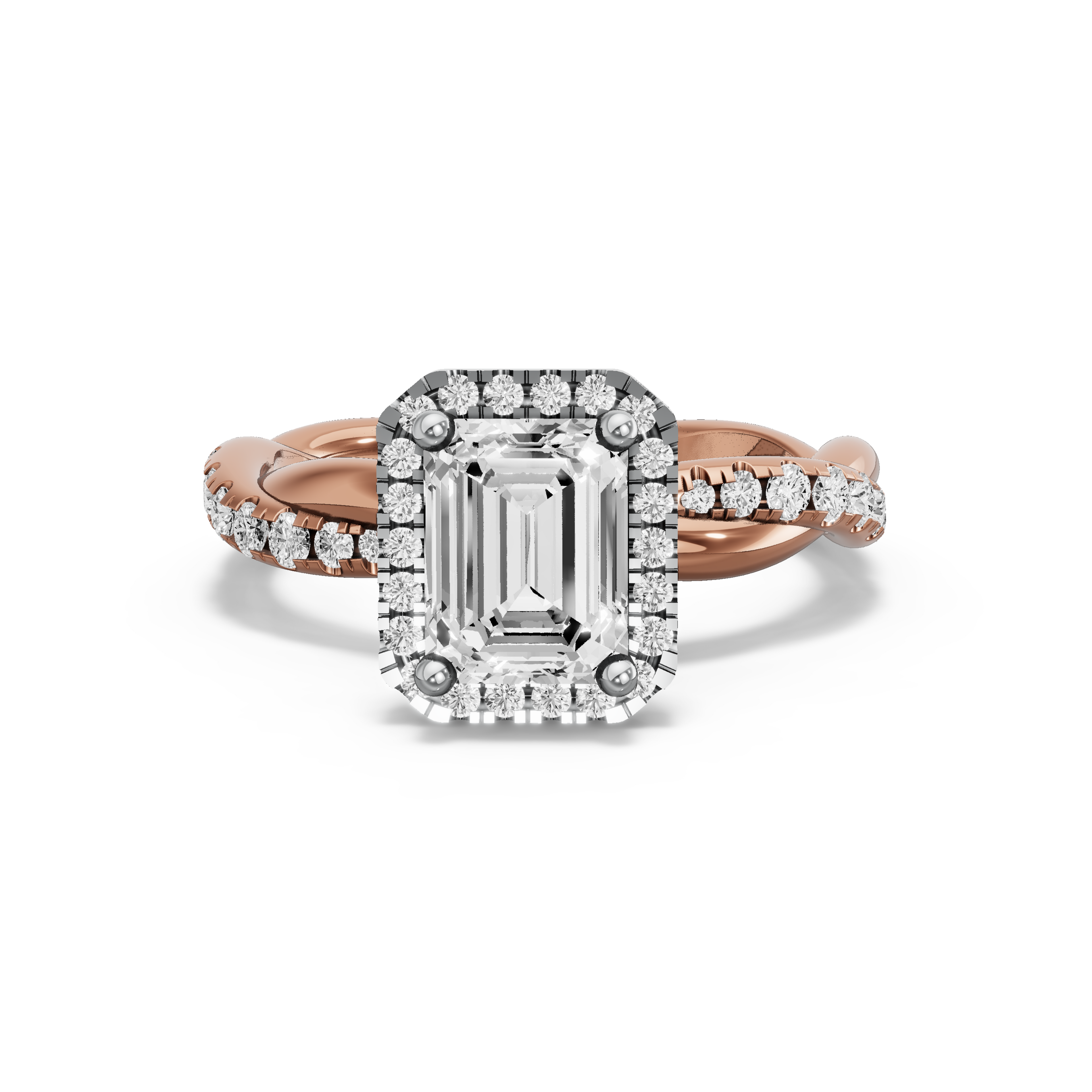 Image for Emerald Pave Halo Ring with Rope Pave band in 10K Two Tone Rose Gold