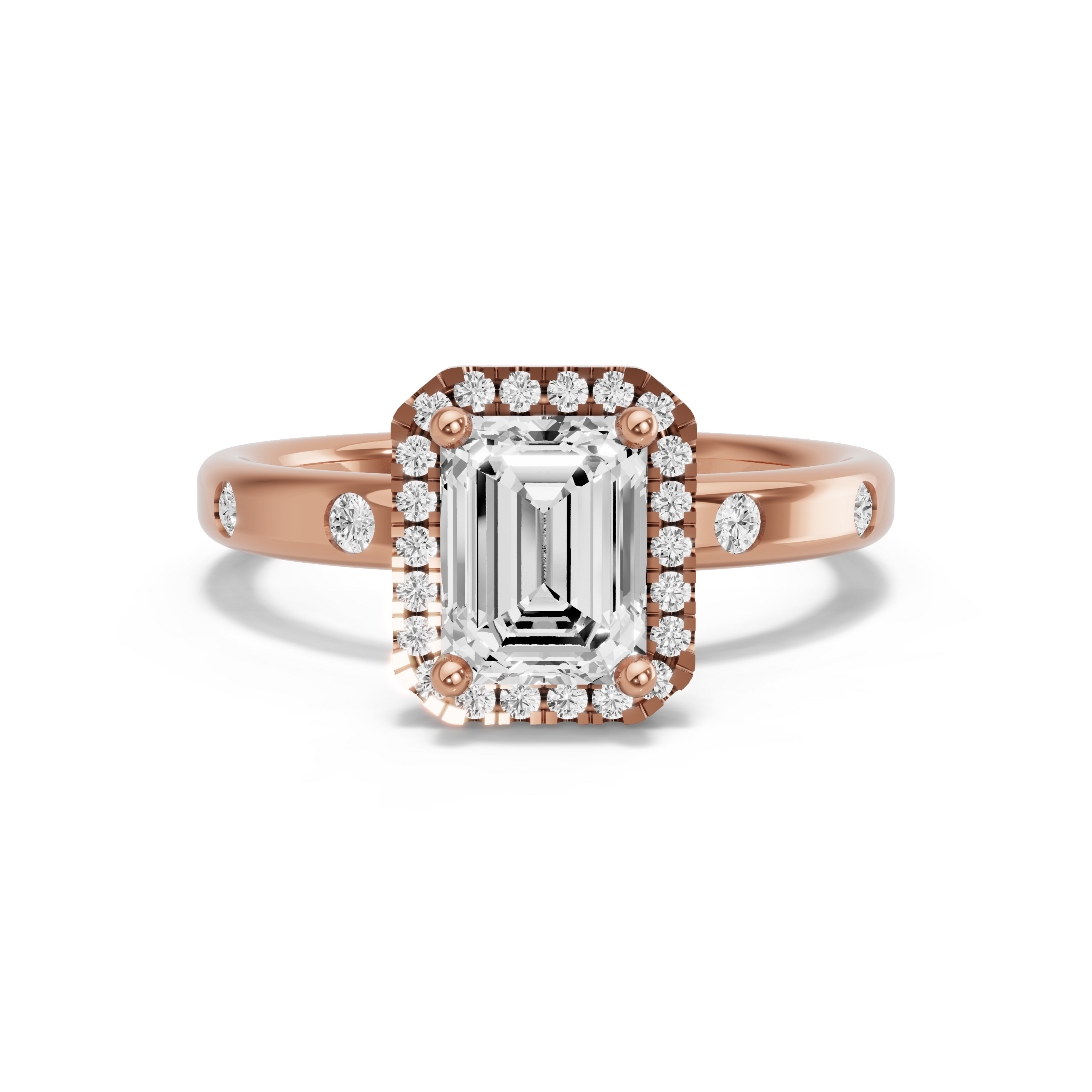 Image for Emerald Pave Halo Ring with Sleek Accent band in 14K Rose Gold