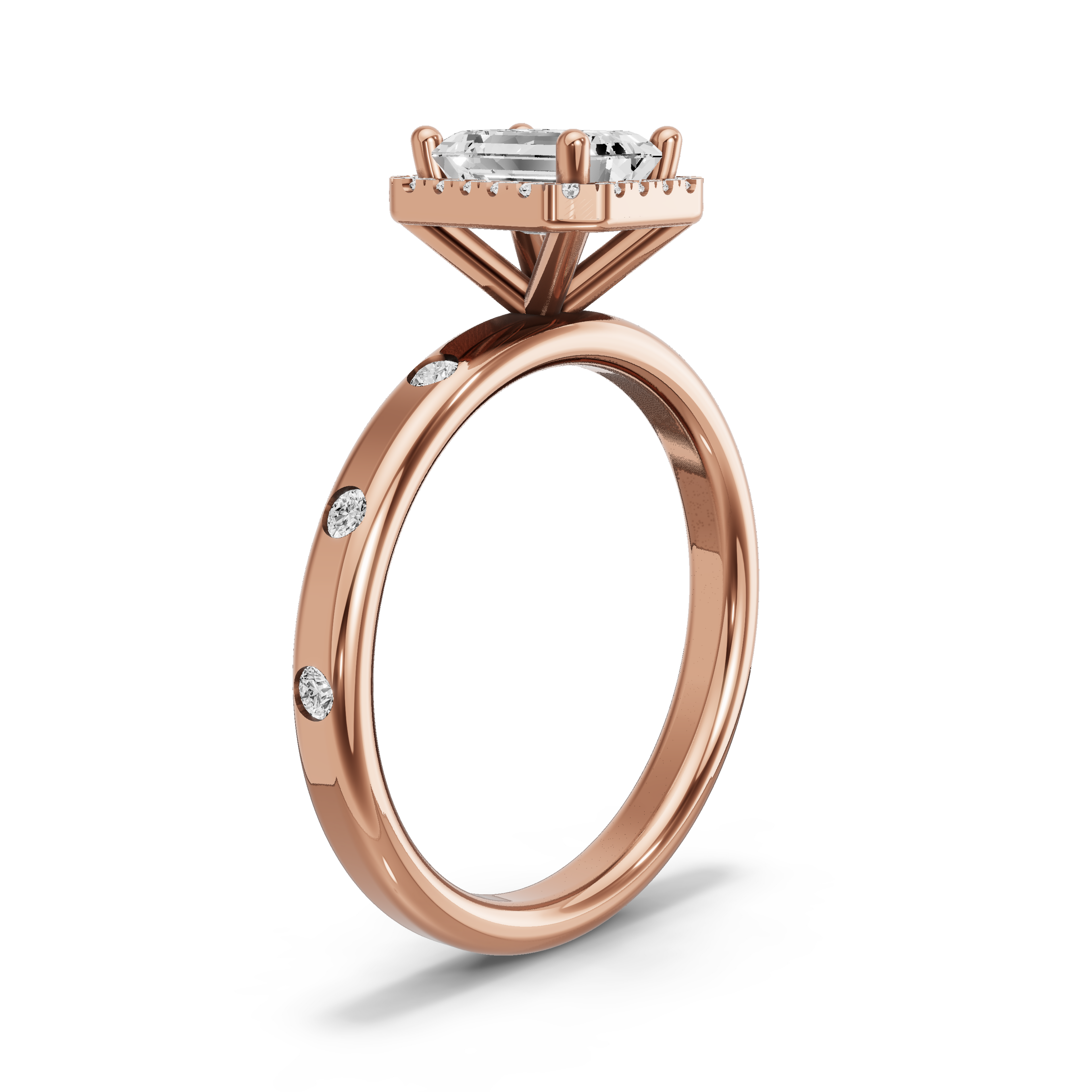 Image for Emerald Pave Halo Ring with Sleek Accent band in 14K Rose Gold