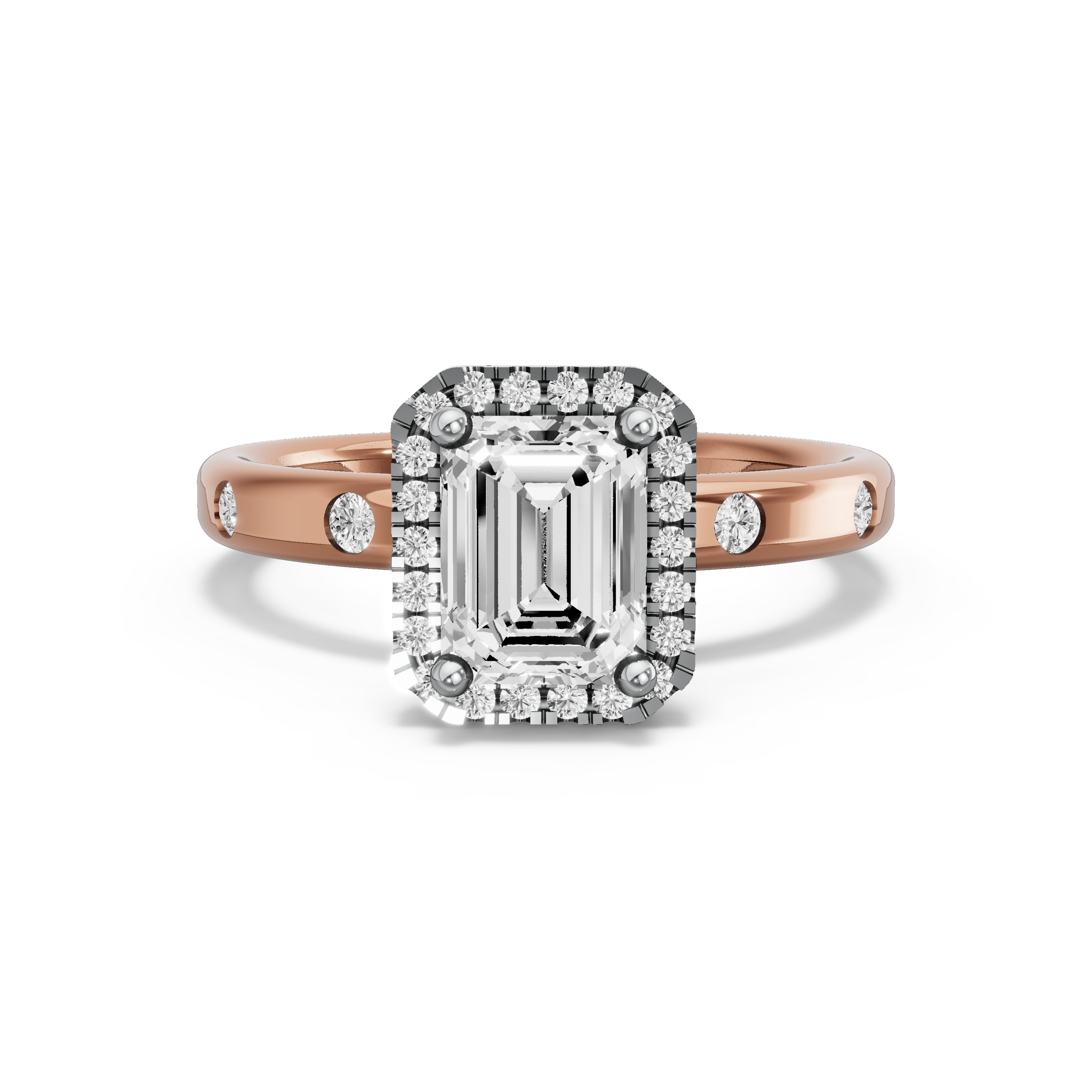 Image for Emerald Pave Halo Ring with Sleek Accent band in 10K Two Tone Rose Gold