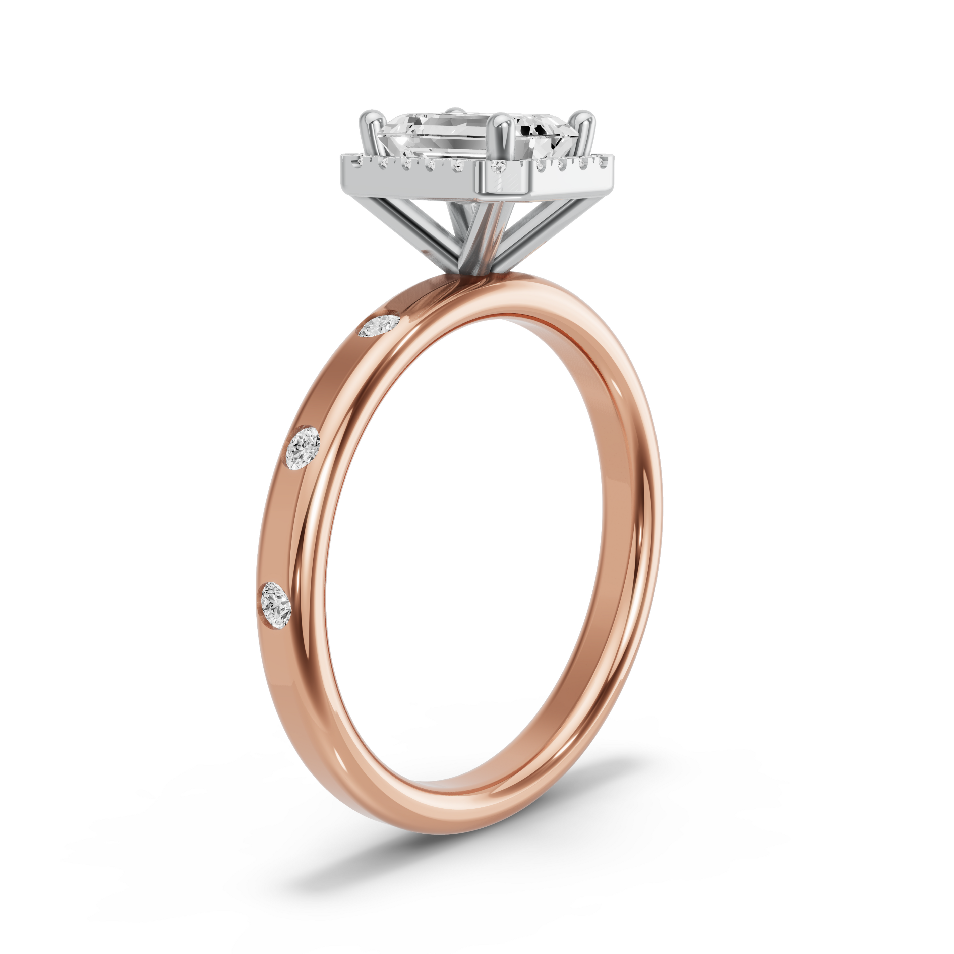 Image for Emerald Pave Halo Ring with Sleek Accent band in 14K Two Tone Rose Gold