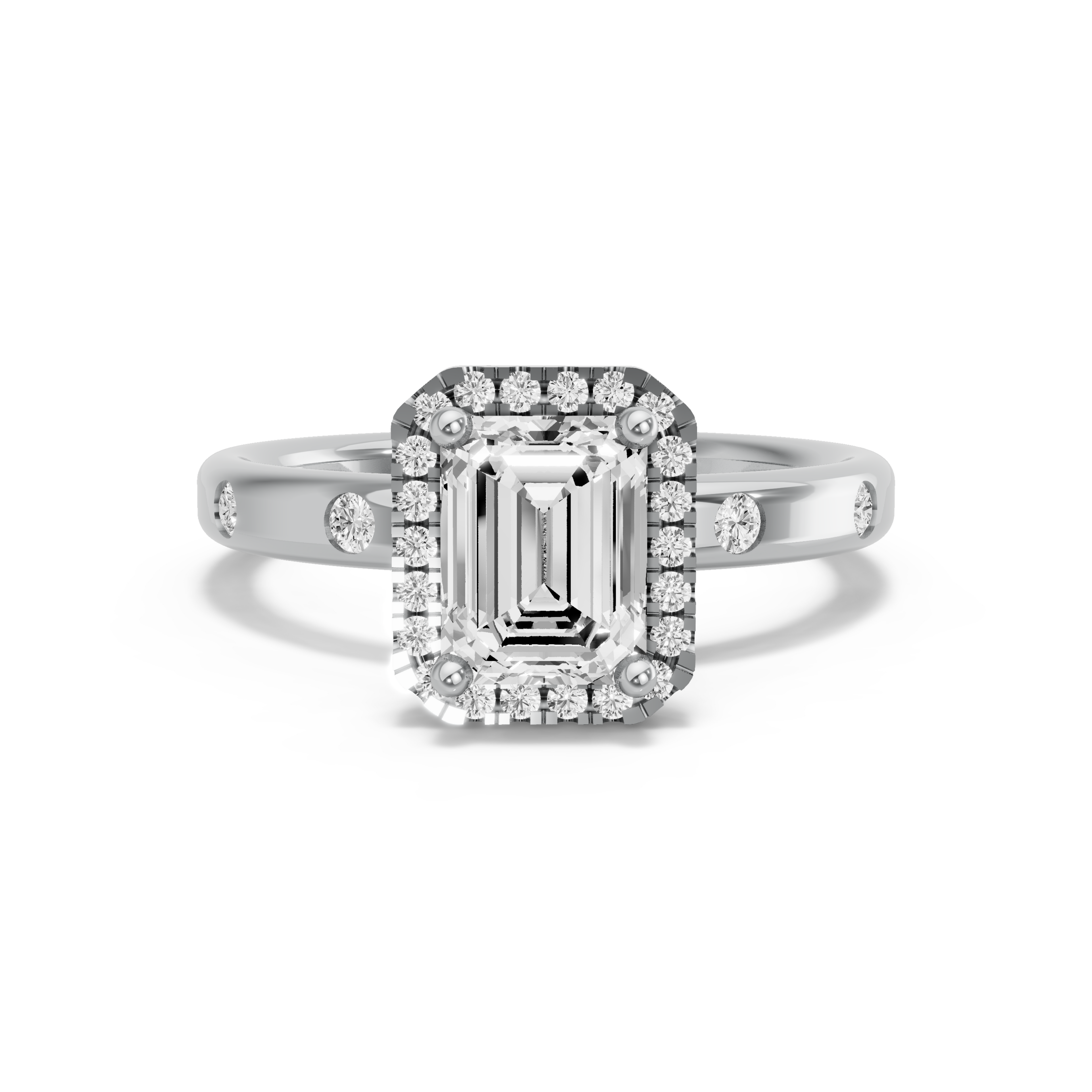 Image for Emerald Pave Halo Ring with Sleek Accent band in 10K White Gold