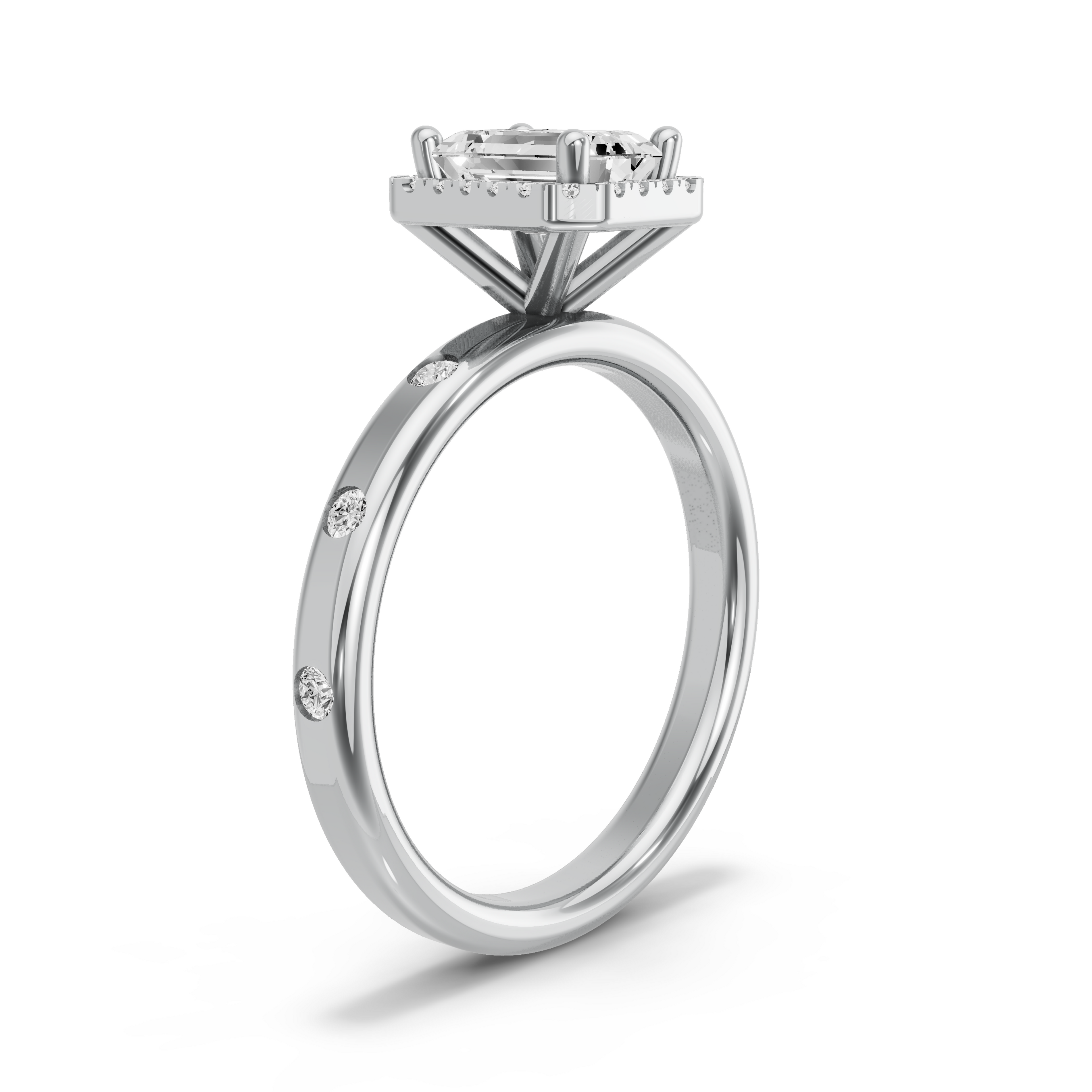Image for Emerald Pave Halo Ring with Sleek Accent band in 10K White Gold