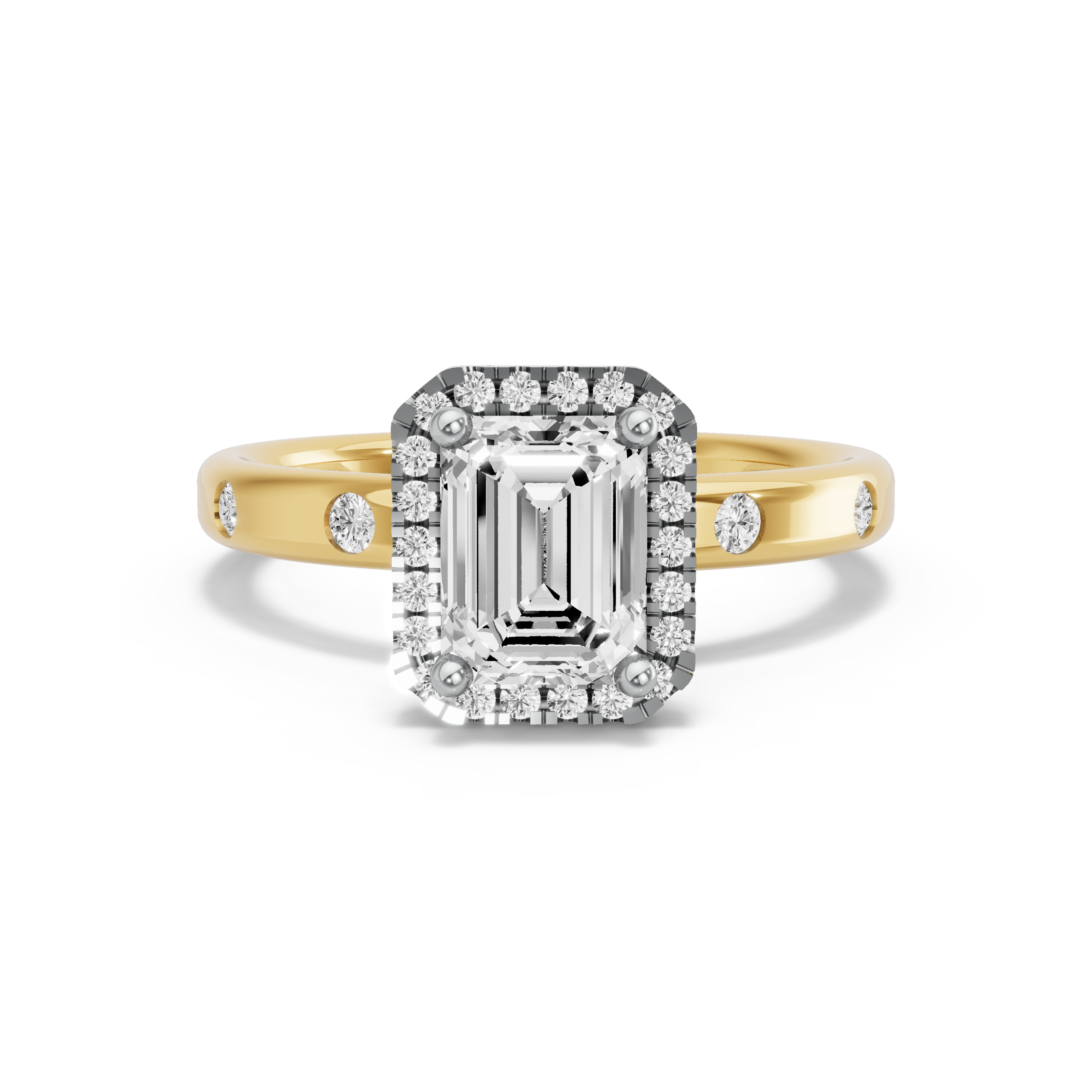 Image for Emerald Pave Halo Ring with Sleek Accent band in 10K Two Tone Yellow Gold