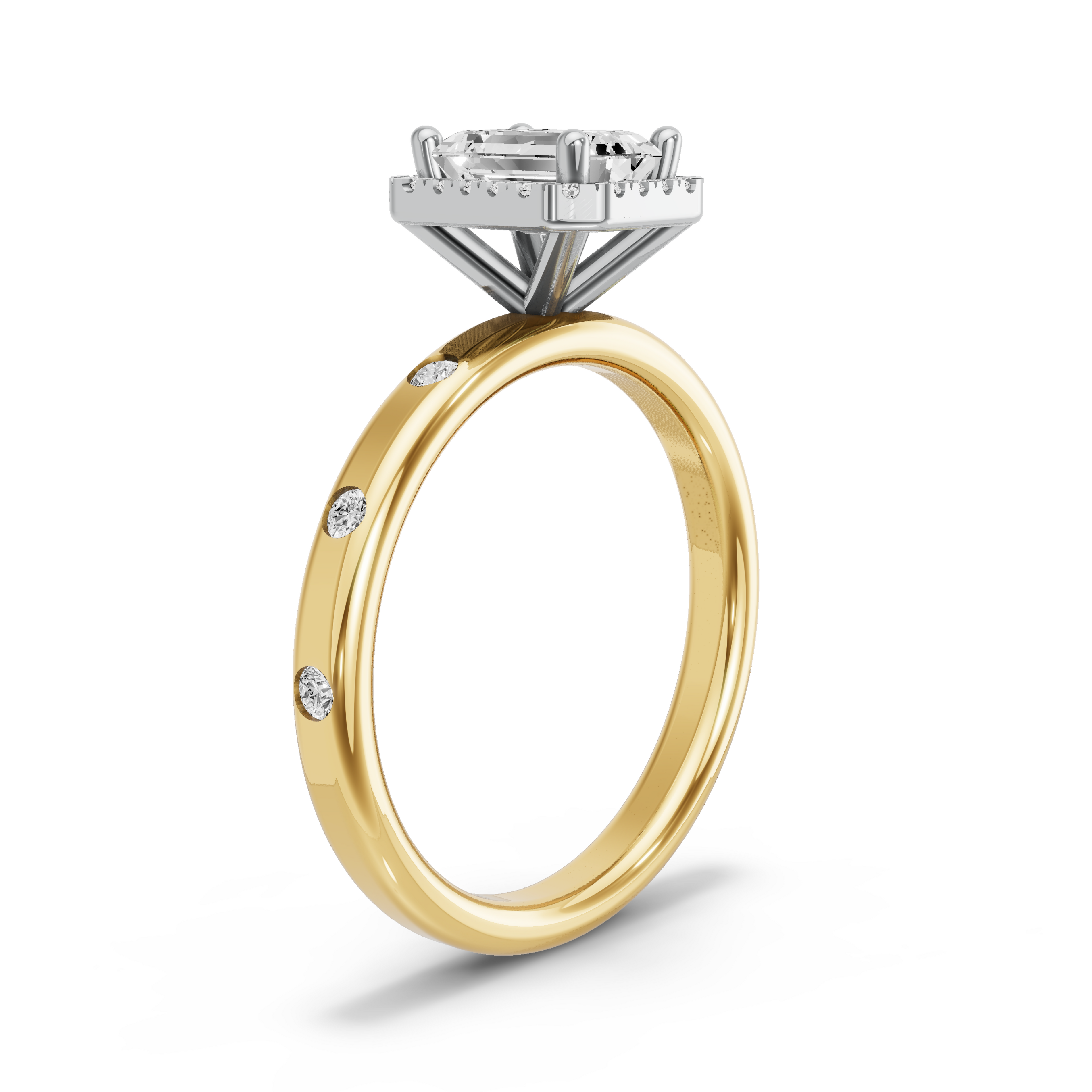 Image for Emerald Pave Halo Ring with Sleek Accent band in 10K Two Tone Yellow Gold