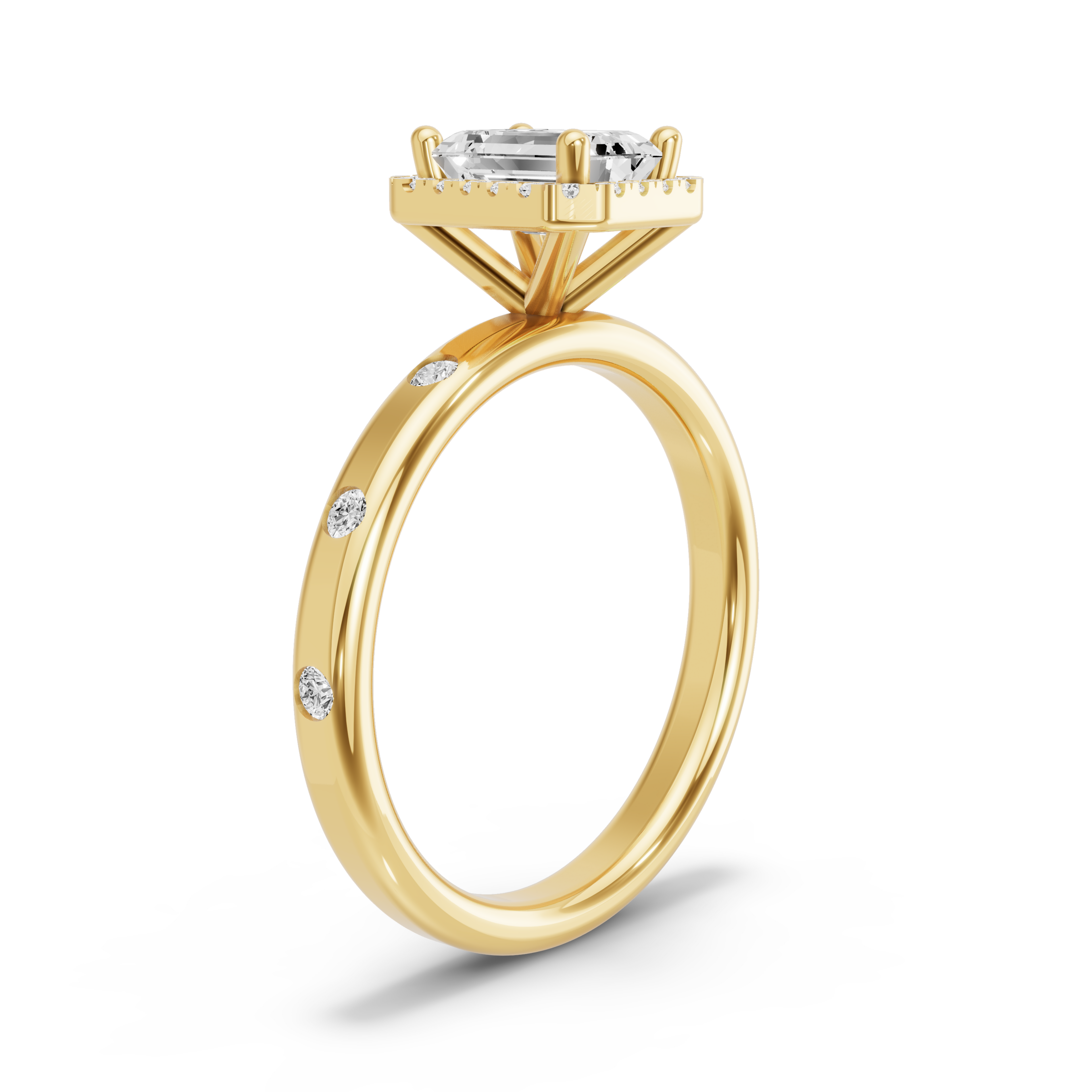 Image for Emerald Pave Halo Ring with Sleek Accent band in 14K Yellow Gold