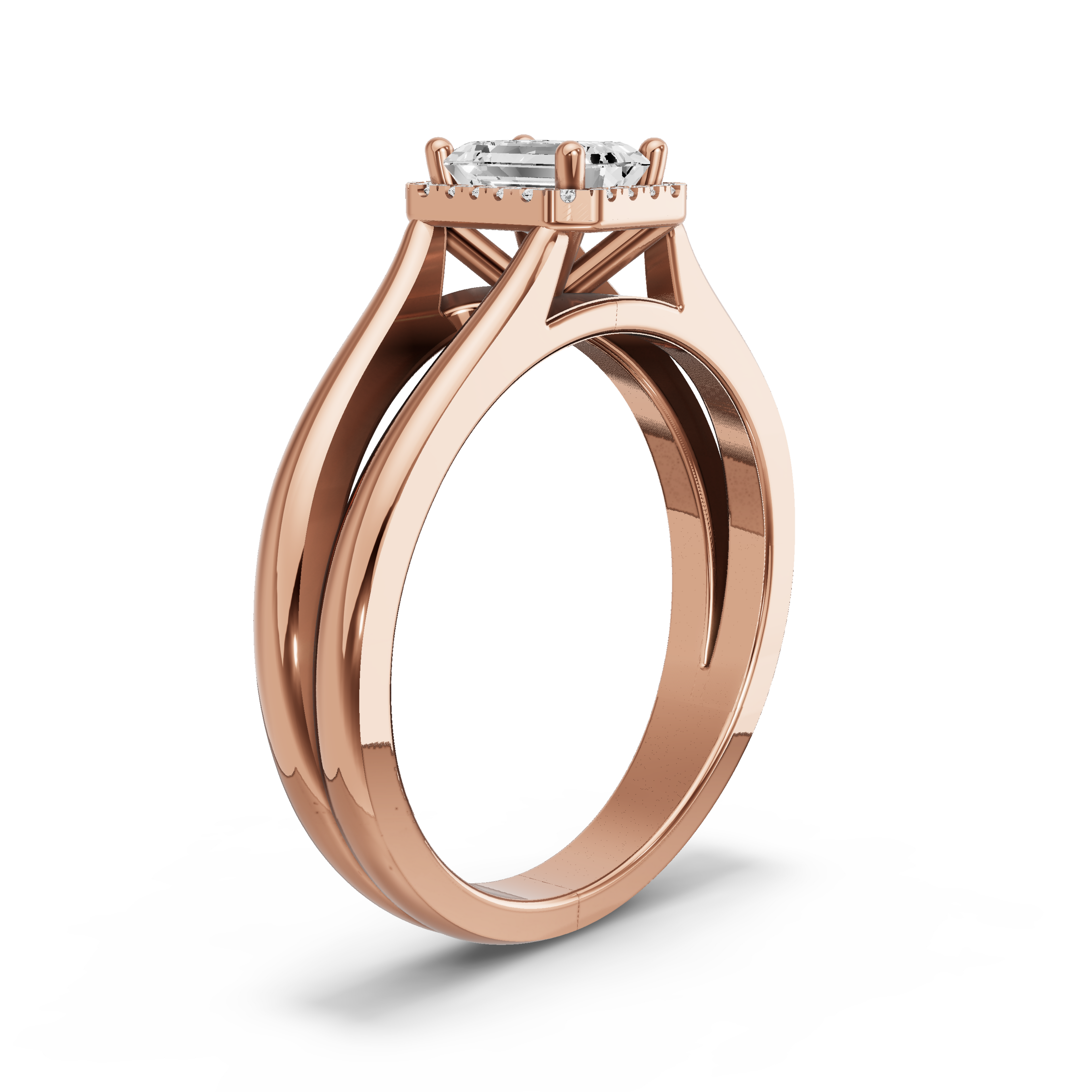 Image for Emerald Pave Halo Ring with Split Ring Solitaire band in 10K Rose Gold