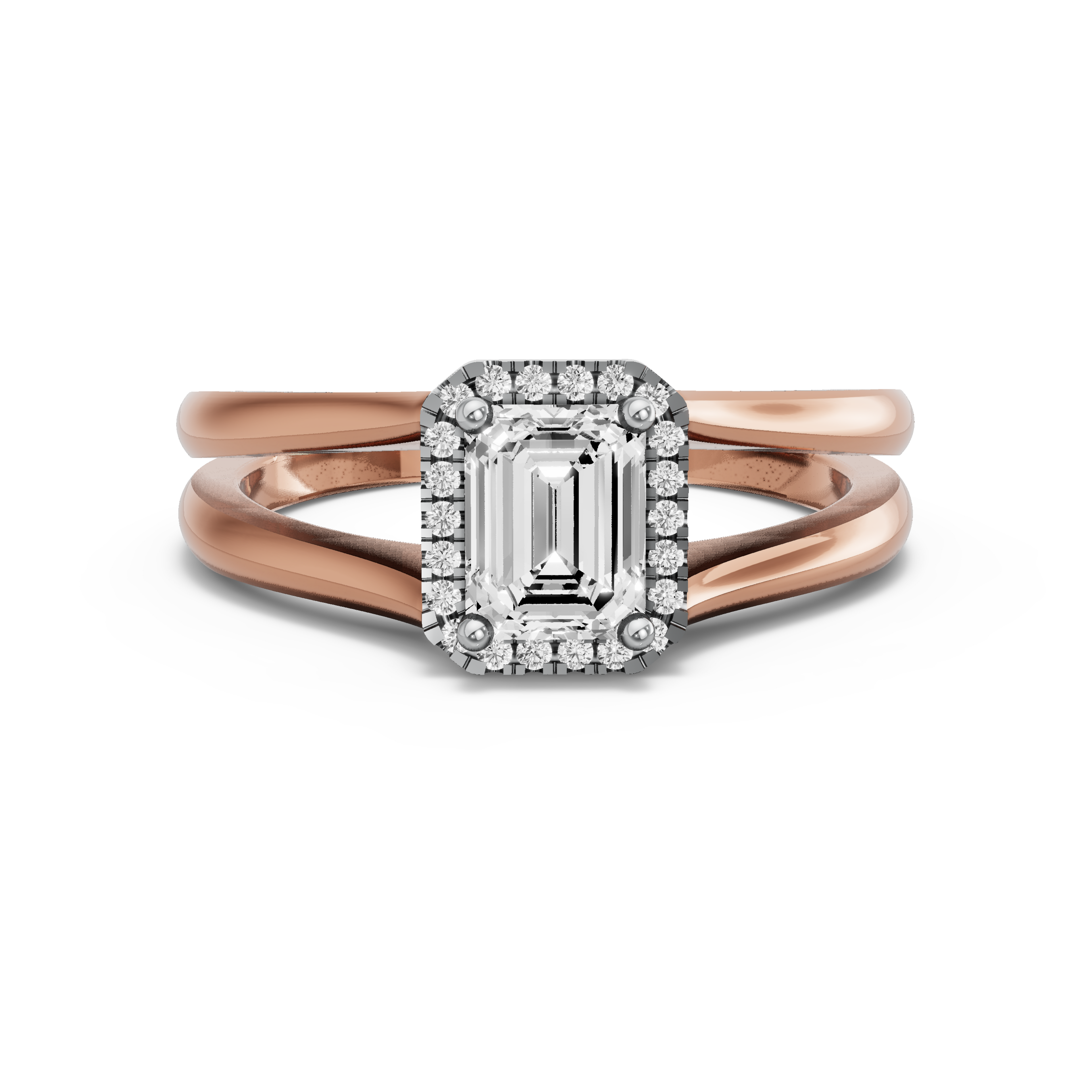 Image for Emerald Pave Halo Ring with Split Ring Solitaire band in 10K Two Tone Rose Gold