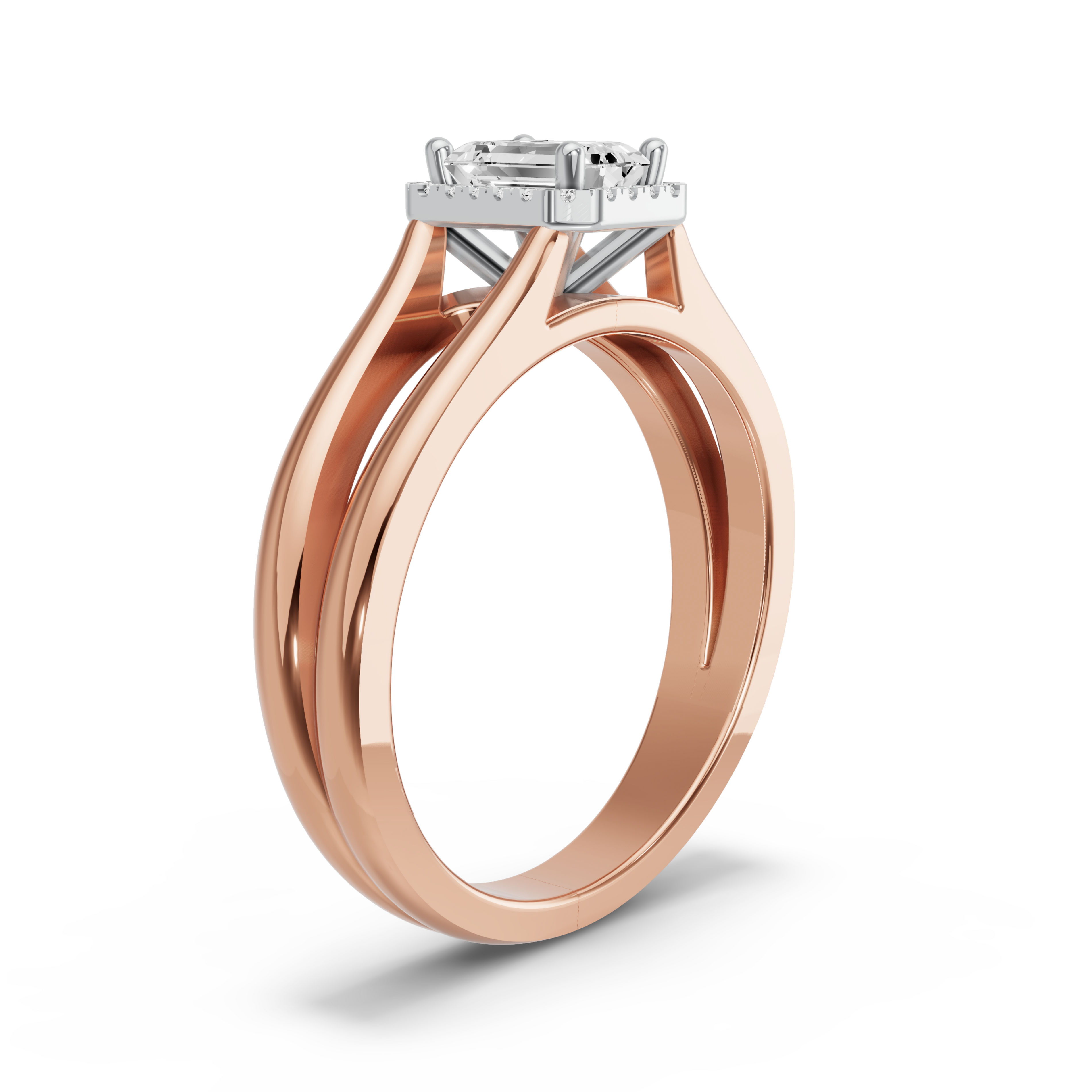 Image for Emerald Pave Halo Ring with Split Ring Solitaire band in 10K Two Tone Rose Gold