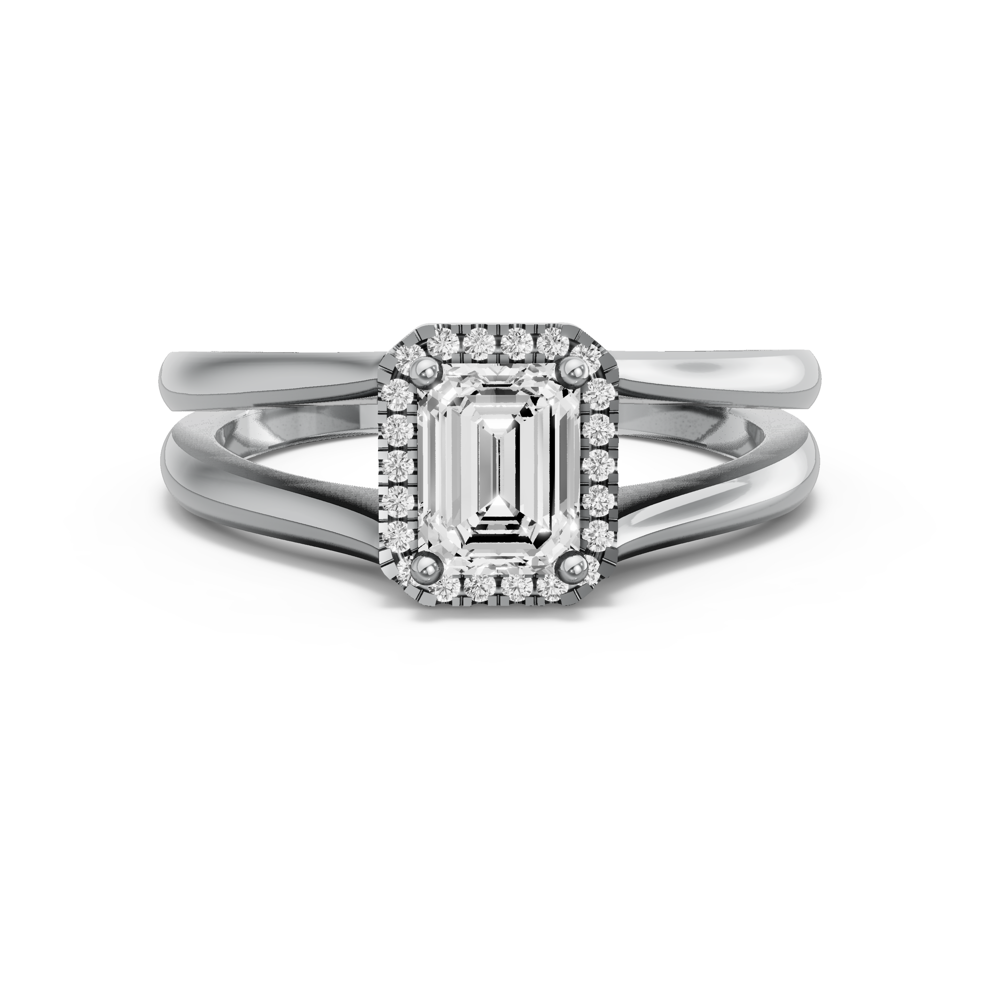 Image for Emerald Pave Halo Ring with Split Ring Solitaire band in 14K White Gold